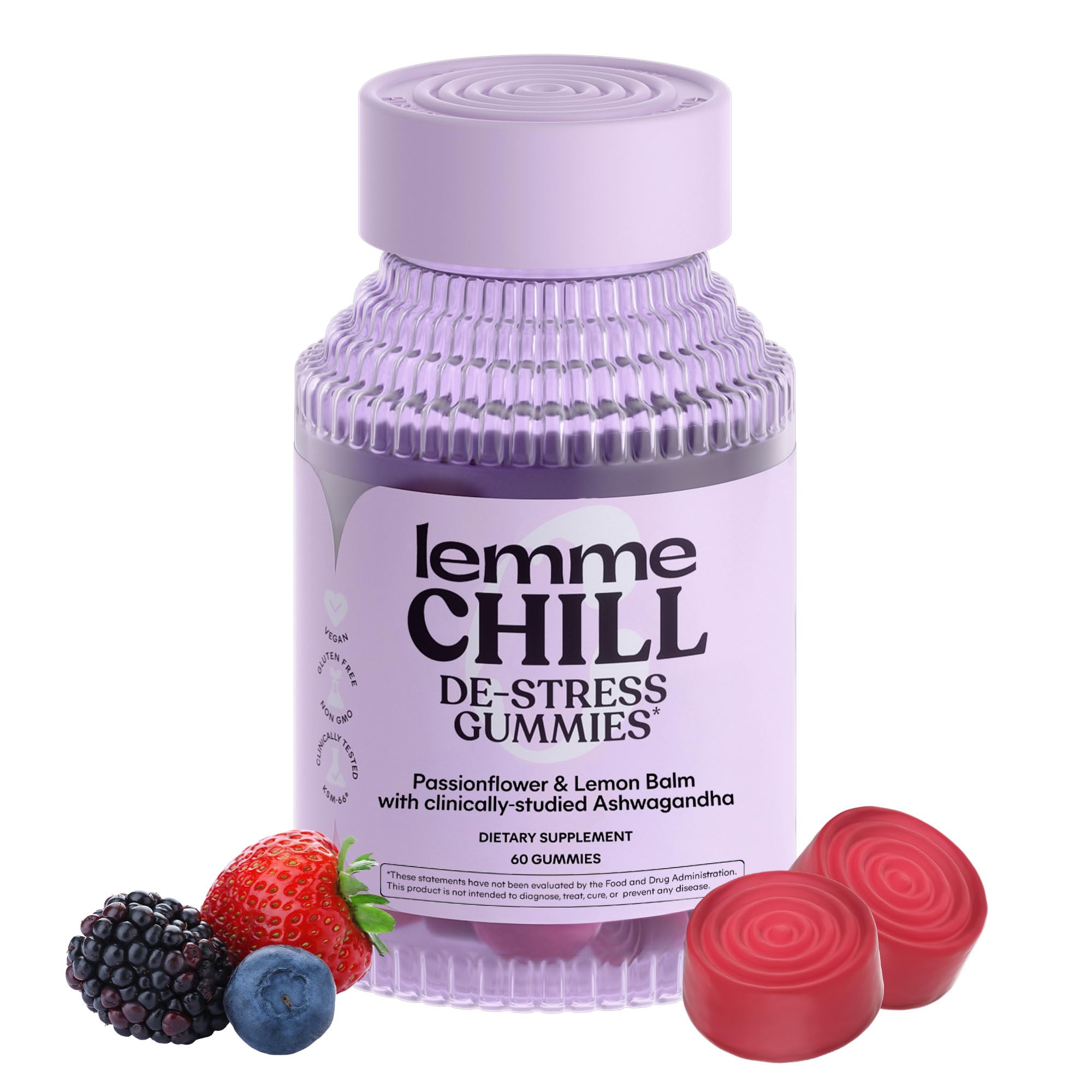 Lemme Chill Stress Relief Gummies with 300mg KSM-66 Ashwagandha, Lemon Balm, Passionflower & Goji to Support Relaxation, Healthy Cortisol & Sleep - Gluten-Free, Non-GMO, Mixed Berry (60 Count) LemmeAu supplements