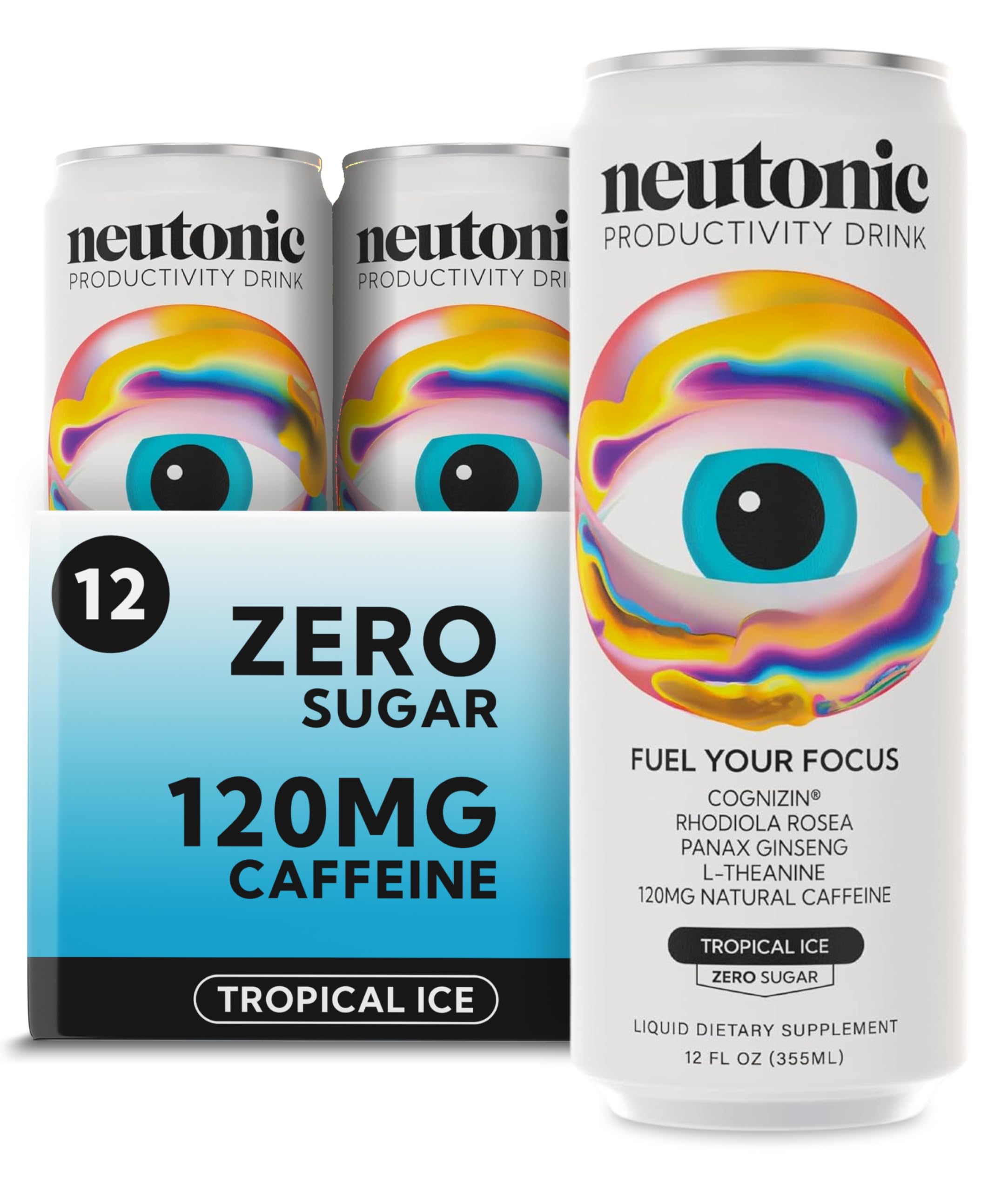 Neutonic Nootropic Productivity Energy Drink | Tropical Ice 12 Cans | 120mg Natural Caffeine, Zero Sugar | Support Memory, Mental Clarity, Cognitive Function | Boost Focus, Energy, Brain Health NeutonicAu supplements