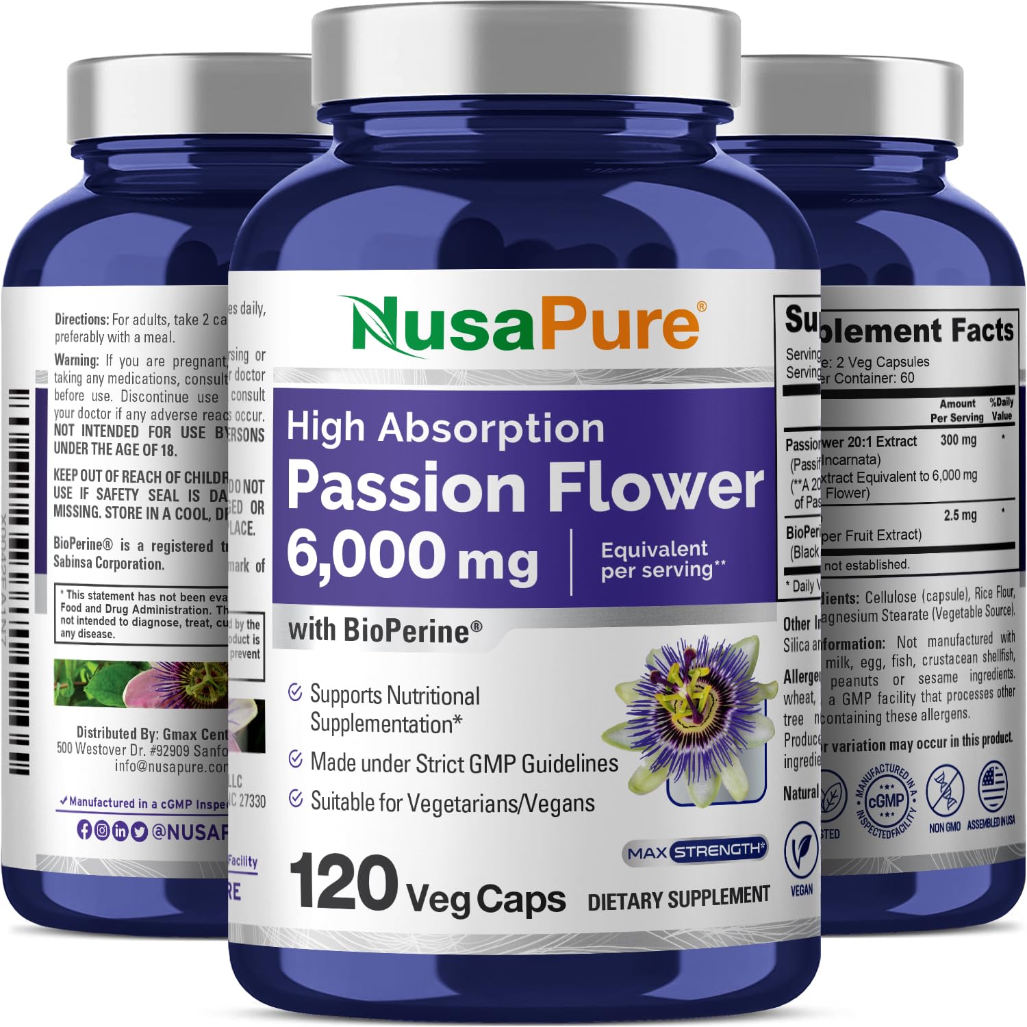 NusaPure Passion Flower 20:1 Extract, 300 mg Equivalent to 6,000mg, 120 Veggie Caps, Non-GMO, Bioperine, & Vegan Extract Supplement NusaPureAu supplements