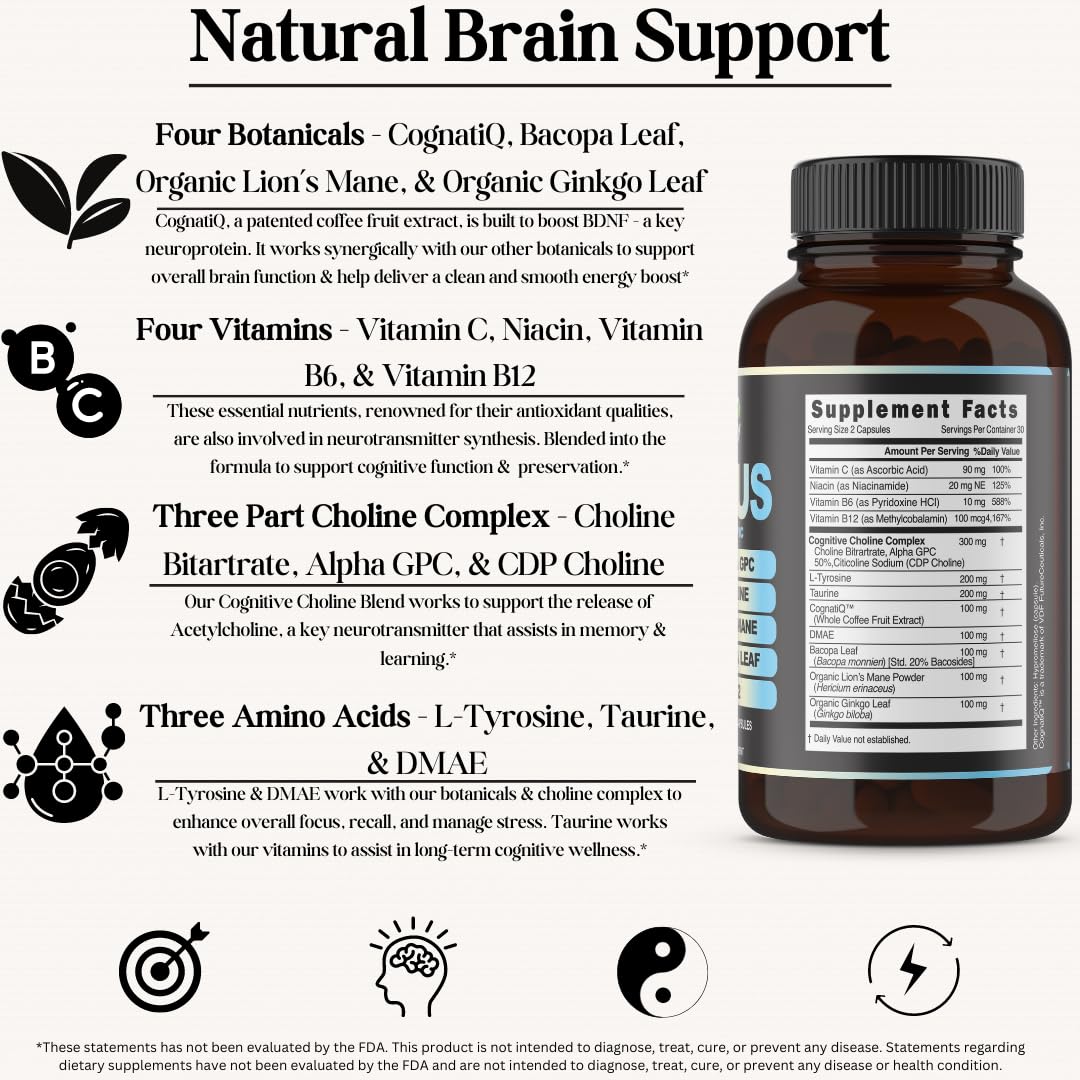 Inner Bounty Focus 14-in-1 Nootropic Brain Supplement with Lions Mane, Alpha GPC Choline, Vitamin C & B12, Taurine, Bacopa - Energy, Cognitive, Memory Support, 60 Filler Free Capsules Inner BountyAu supplements