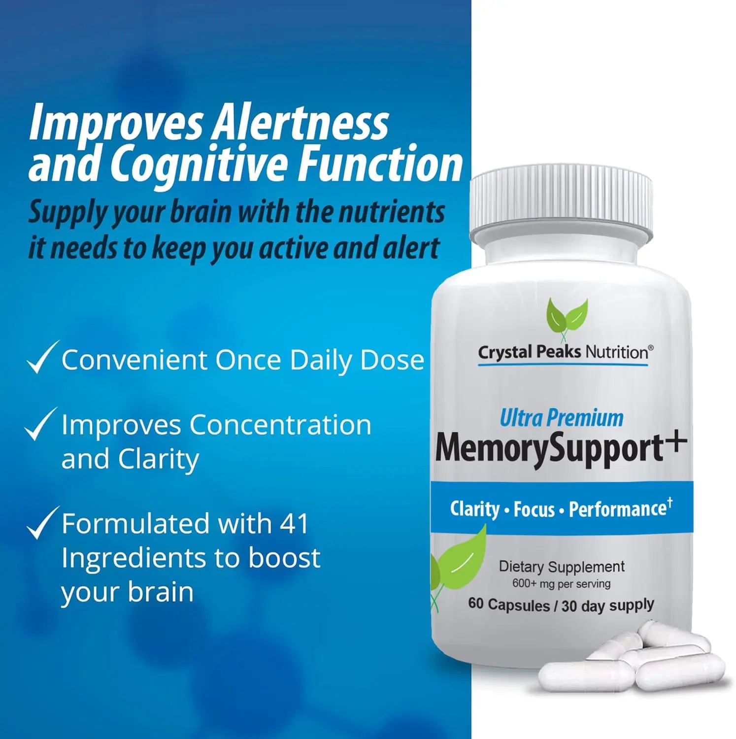Memory Boost + Brain Support Supplement – Nootropic for Focus, Concentration, Memory. Enhanced Energy, Recall and Alertness - 60 Capsules/30-day Supply. CRYSTAL PEAKS NUTRITIONnz supplements