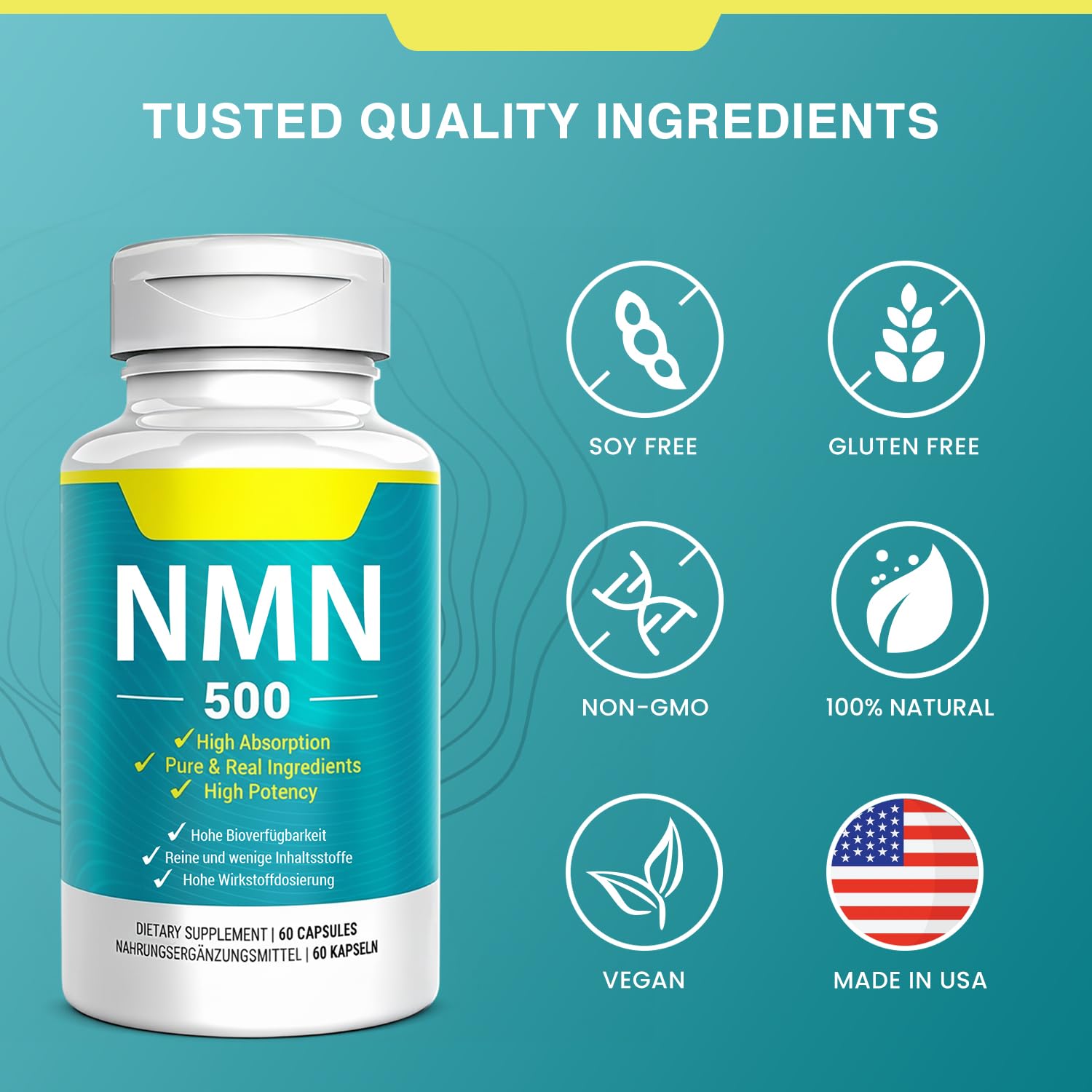 Vegan NMN Supplement 500mg, Higher Absorption - 99% Pure NMN (Nicotinamide Mononucleotide)for NAD+, Cellular Energy Immune Muscle, Anti-Aging & Longevity, Stabilized NMN - 60 Capsules (60 Days Supply) NivantavAu supplements