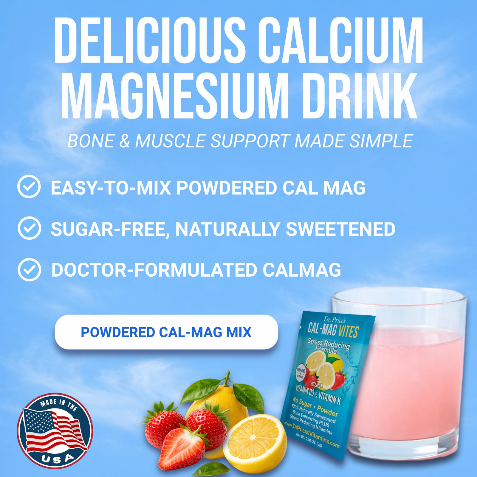 Dr. Price’s Cal-Mag Vites – Strawberry Lemon, 30 Packs | Calcium Magnesium Powder Packets + Vitamin D3, K & Boron | Calming Bone & Muscle Support for Kids & Adults | Doctor-Formulated, Made in USA Dr. Price's VitaminsAu supplements