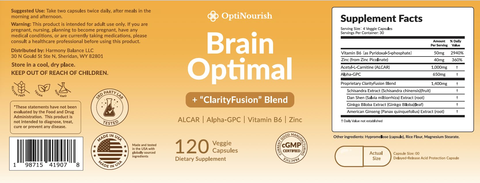 OPTINOURISH Brain Supplement for Memory and Focus, Nootropic for Adults, Fuel Brain Energy & Mental Clarity, Caffeine Free,Cognitive Support, Doctor-Formulated, Made in USA,cGMP,120 Caps OPTINOURISHAu supplements