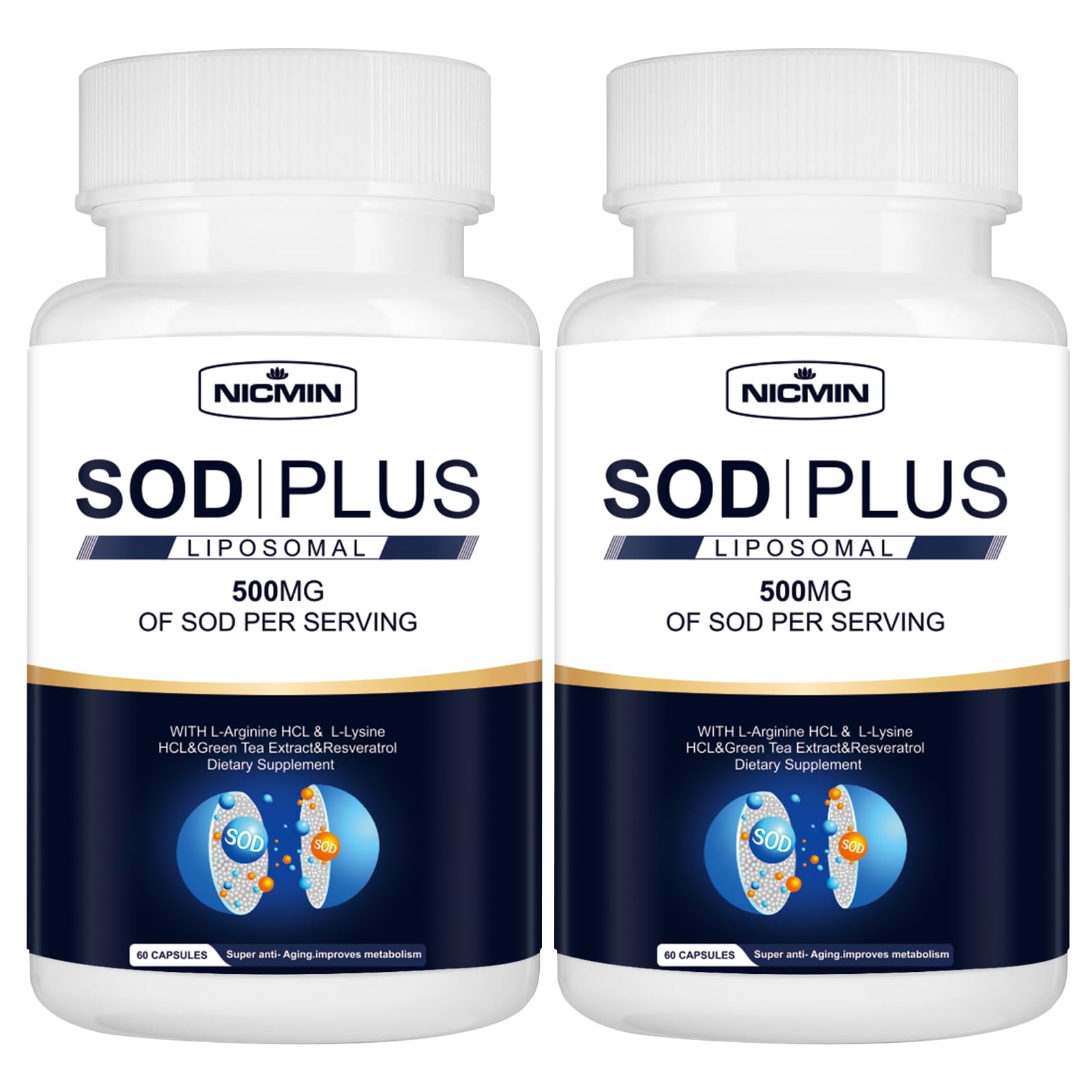 NICMIN 500MG Superoxide Dismutase Supplement - SOD Plus with Liposomal Glutathione, AKG, Green Tea Extract, L-Arginine, Lysine, Resveratrol and Vitamin E for Immune Support, Antioxidant 120 Capsules NICMINAu supplements