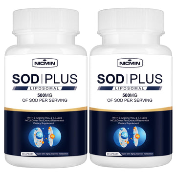NICMIN 500MG Superoxide Dismutase Supplement - SOD Plus with Liposomal Glutathione, AKG, Green Tea Extract, L-Arginine, Lysine, Resveratrol and Vitamin E for Immune Support, Antioxidant 120 Capsules NICMINAu supplements