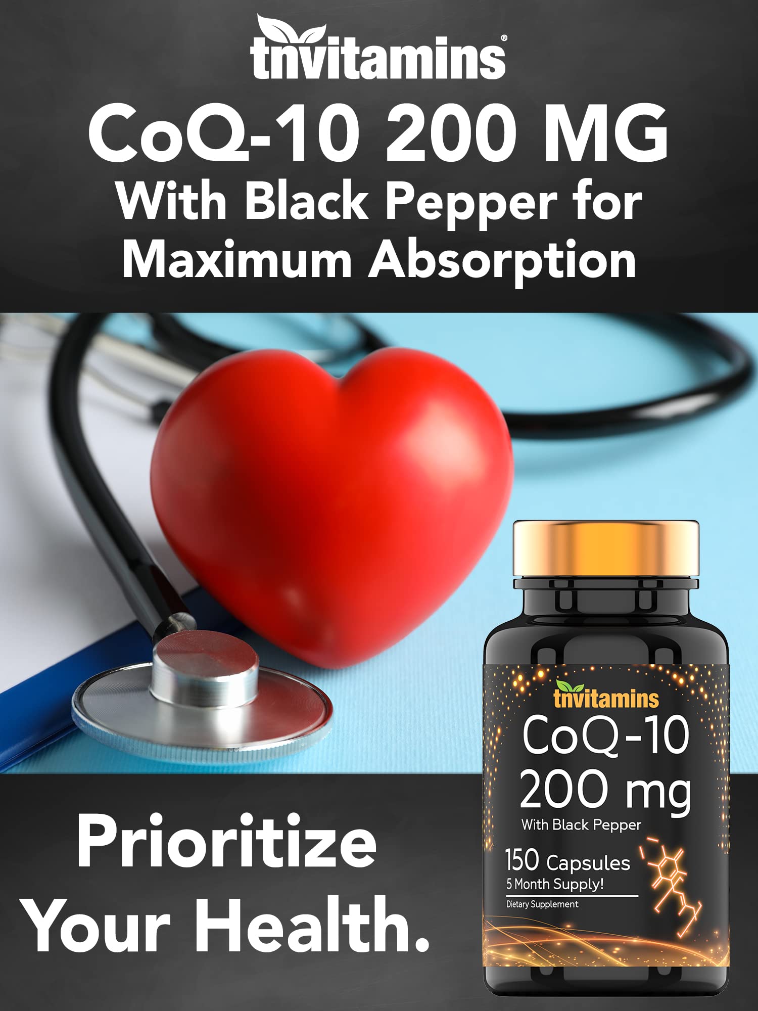 tnvitamins Ultra Potent CoQ-10 200 MG - 150 Capsules with Black Pepper Extract tnvitaminsUS supplements