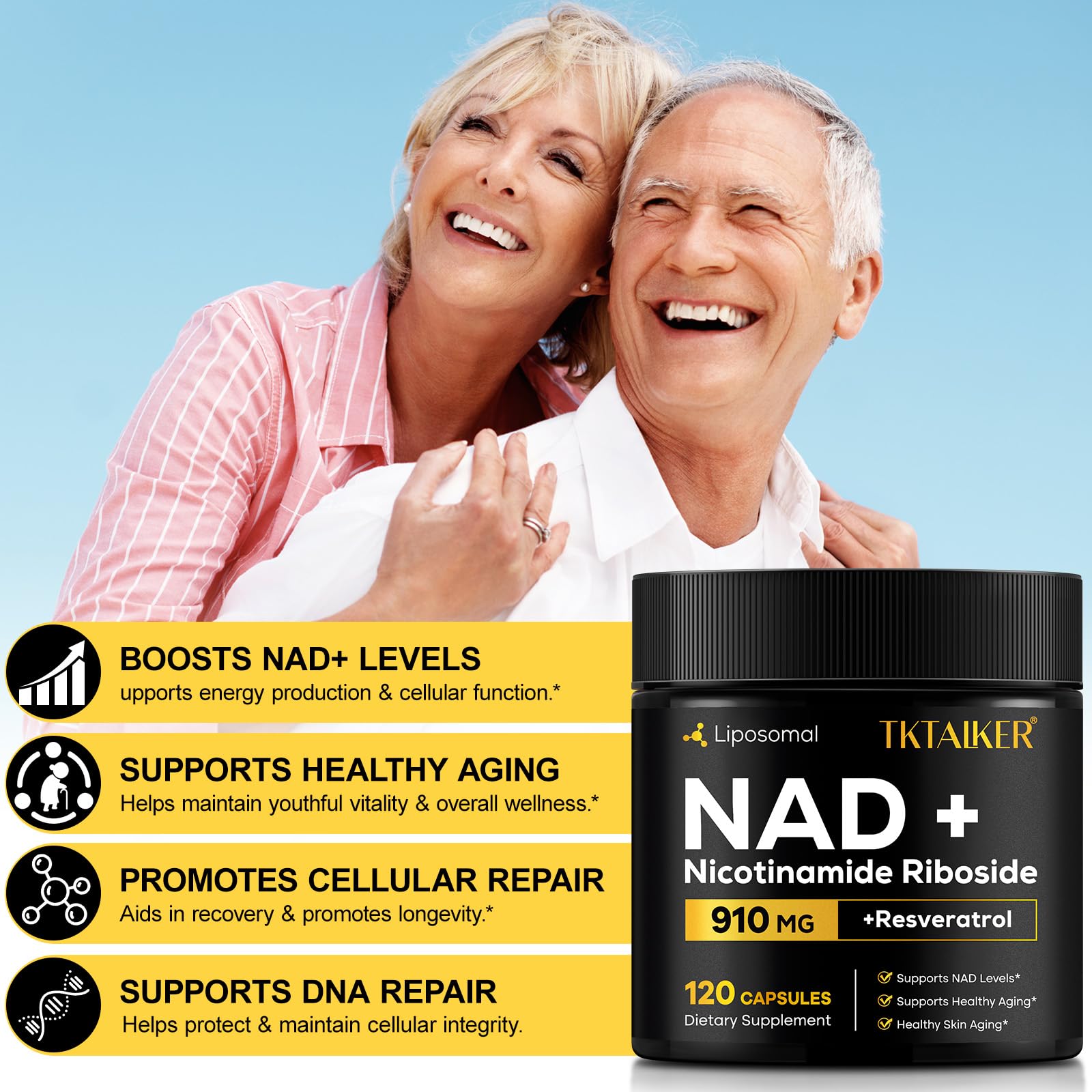 TKTALKER NAD Supplement, 910MG Liposomal Nicotinamide Riboside with Resveratrol & Quercetin, Anti-Aging, Cellular Energy, Mental Focus & Stamina & Healthy, Women & Men, 120 Capsules TKTALKERAu supplements
