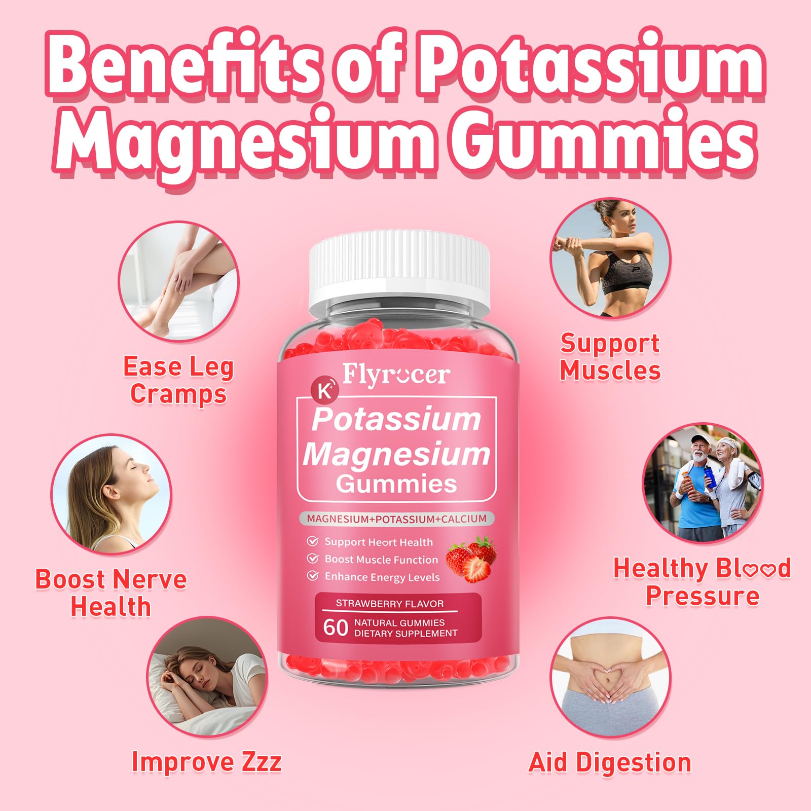2 Pack Potassium Magnesium Gummies for Men & Women, Potassium Magnesium Supplement for Leg Cramps, Muscle Health, & Electrolyte Balance, Strawberry Flavor, 120 Gummies FlyrocerAu supplements