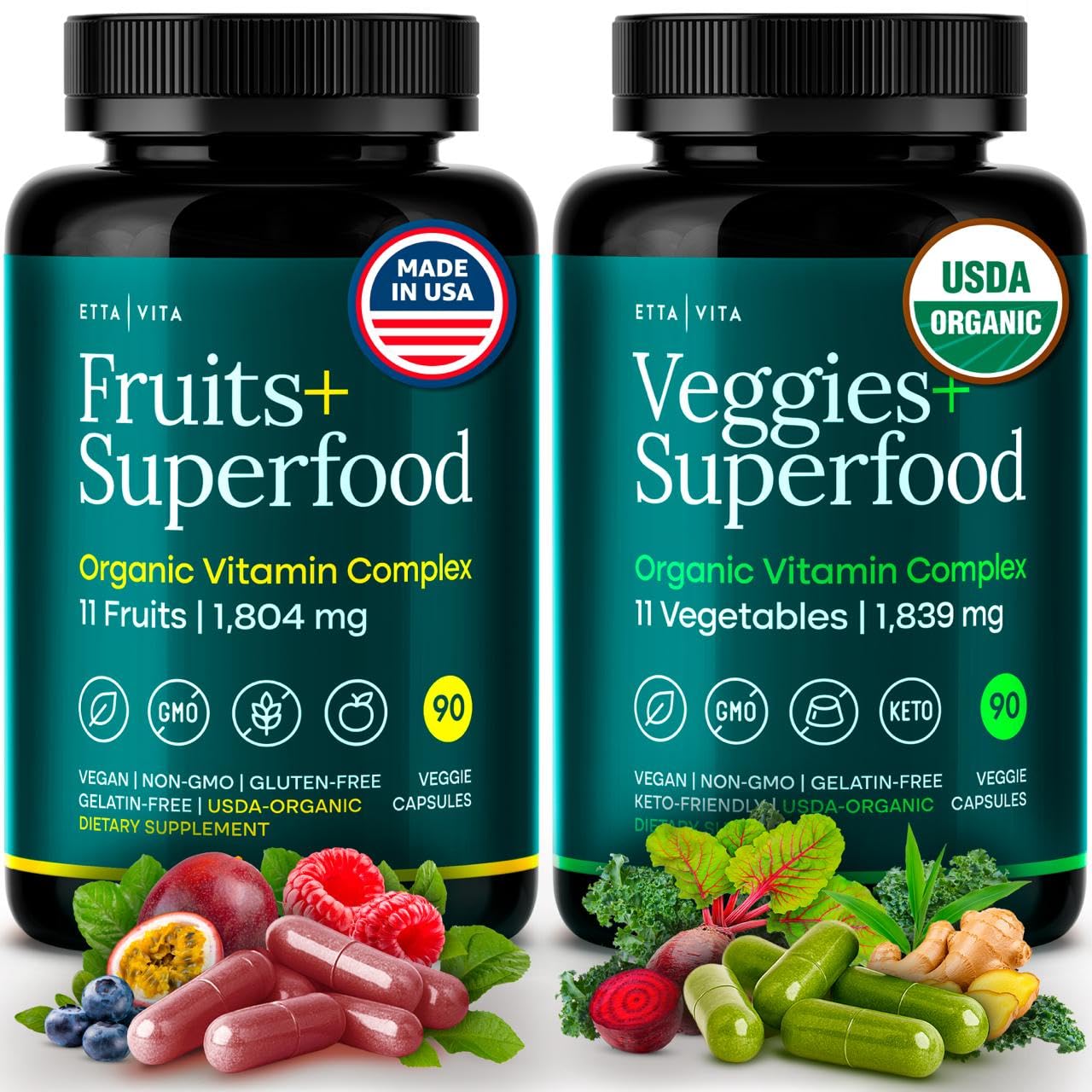 100% Organic Fruits and Veggies Supplement (USDA Organic - Made in USA) 180 Potent Fruits and Vegetable Capsules for Energy Boost & Daily Fruit and Vegetable Vitamins - Vegan, Non-GMO, Gluten-Free Etta VitaAu supplements