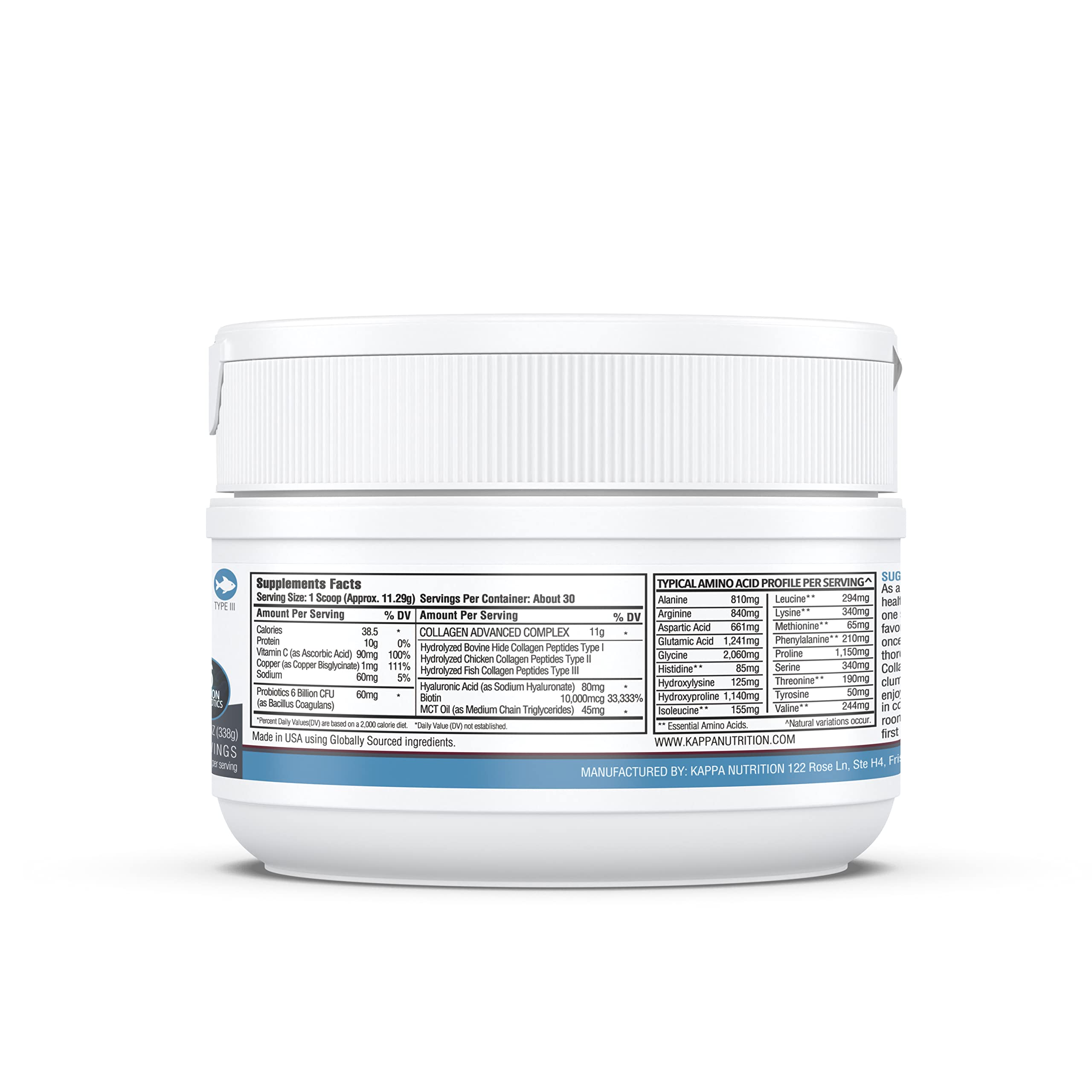KAPPA NUTRITION Collagen Type I, II, III, 6 Billion Probiotic Acid Resistance, Hyaluronic Acid, Vitamin C, Biotin, Copper and MCT Oil, Beautiful Hair, Nails, & Skin, Collagen Peptides 9 in 1 (11.9oz) KAPPA NUTRITIONAu supplements