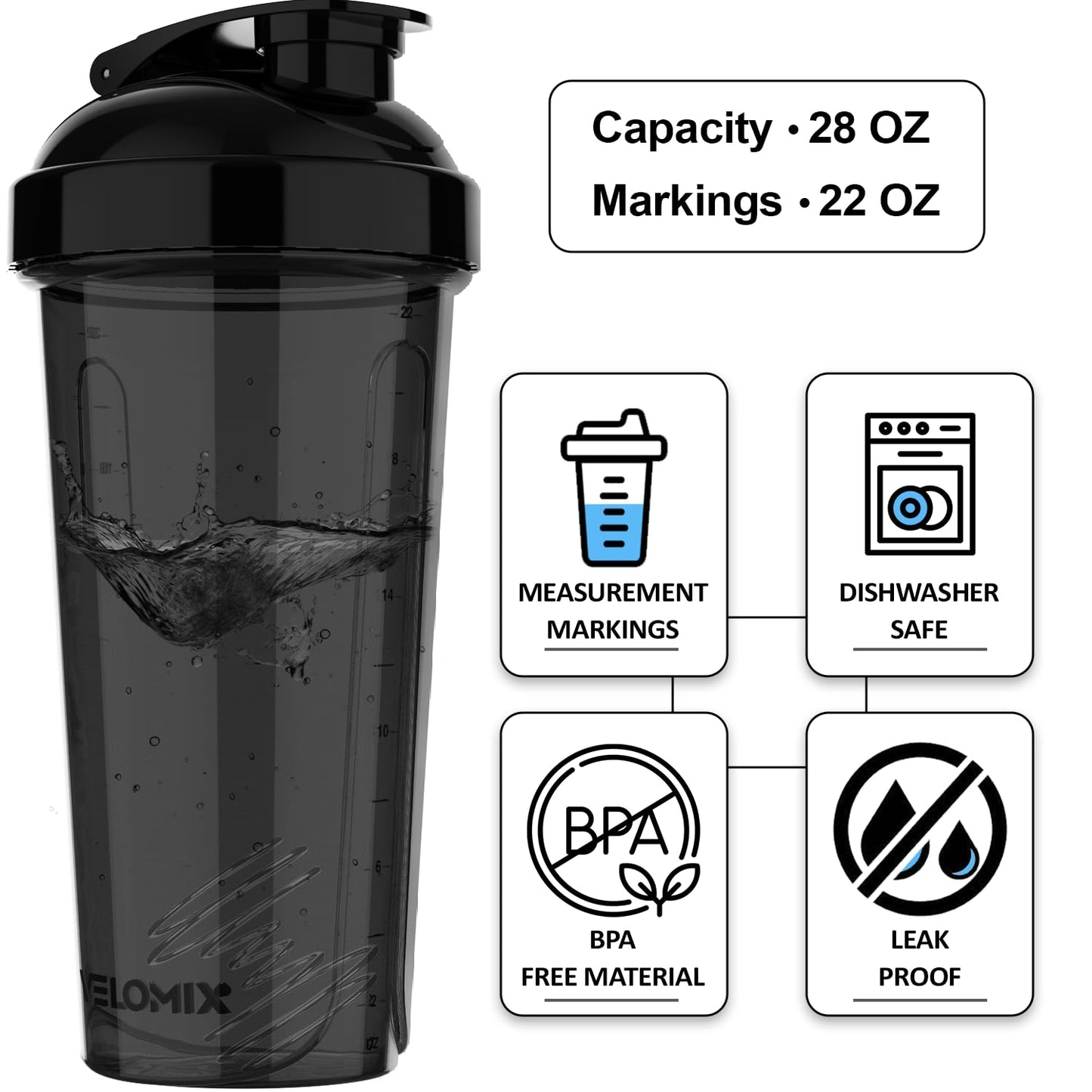 VELOMIX -4 PACK- Protein Shaker Bottles for Protein Mixes, 28 OZ Shaker Cups for Protein Shakes VELOMIXUS supplements