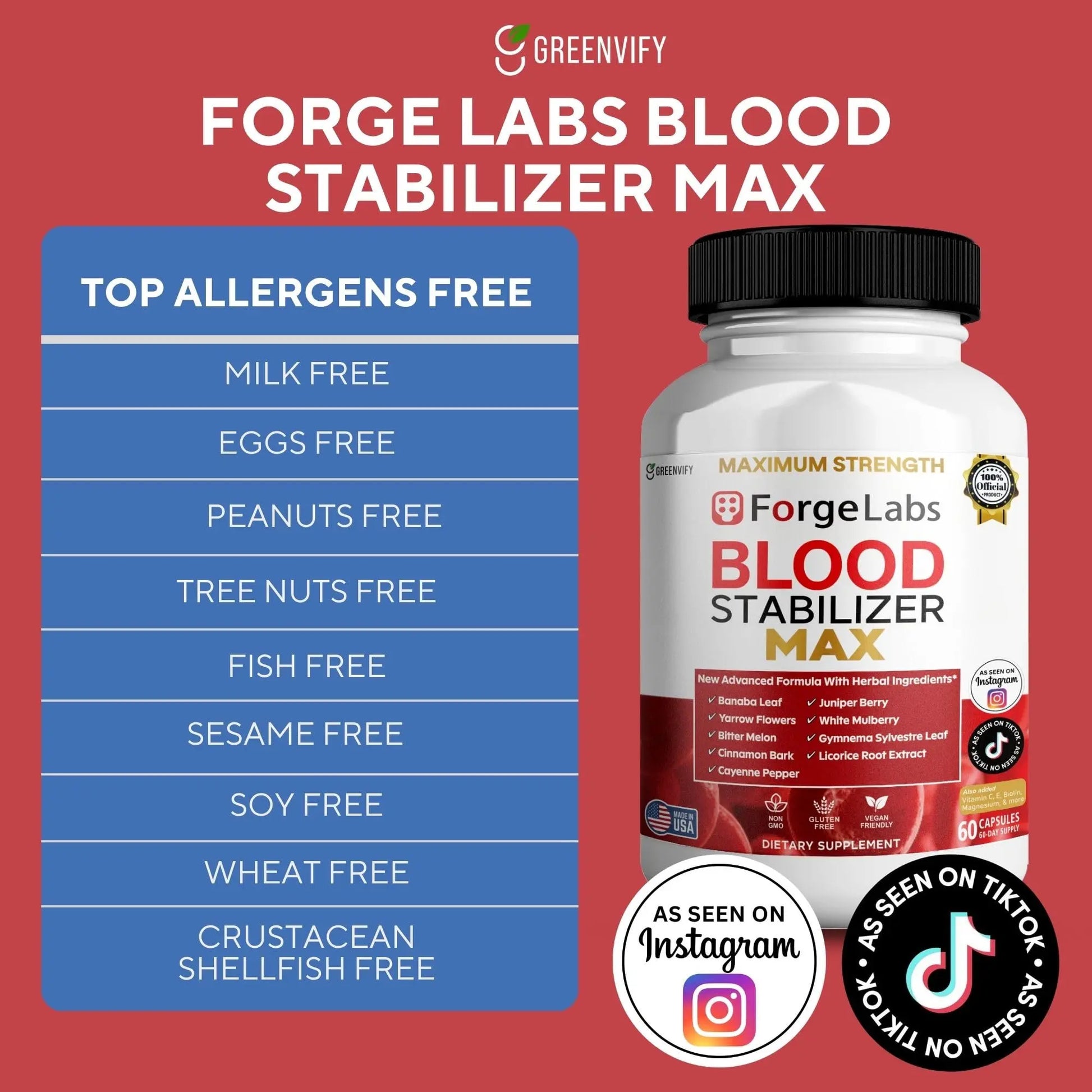 GREENVIFY ForgeLabs Blood Stabilizer Max, Maximum Strength Dietary Supplement, 60 Veggie Capsules, with Banaba Leaf, Juniper Berry, White Mulberry. (1) GREENVIFYnz supplements