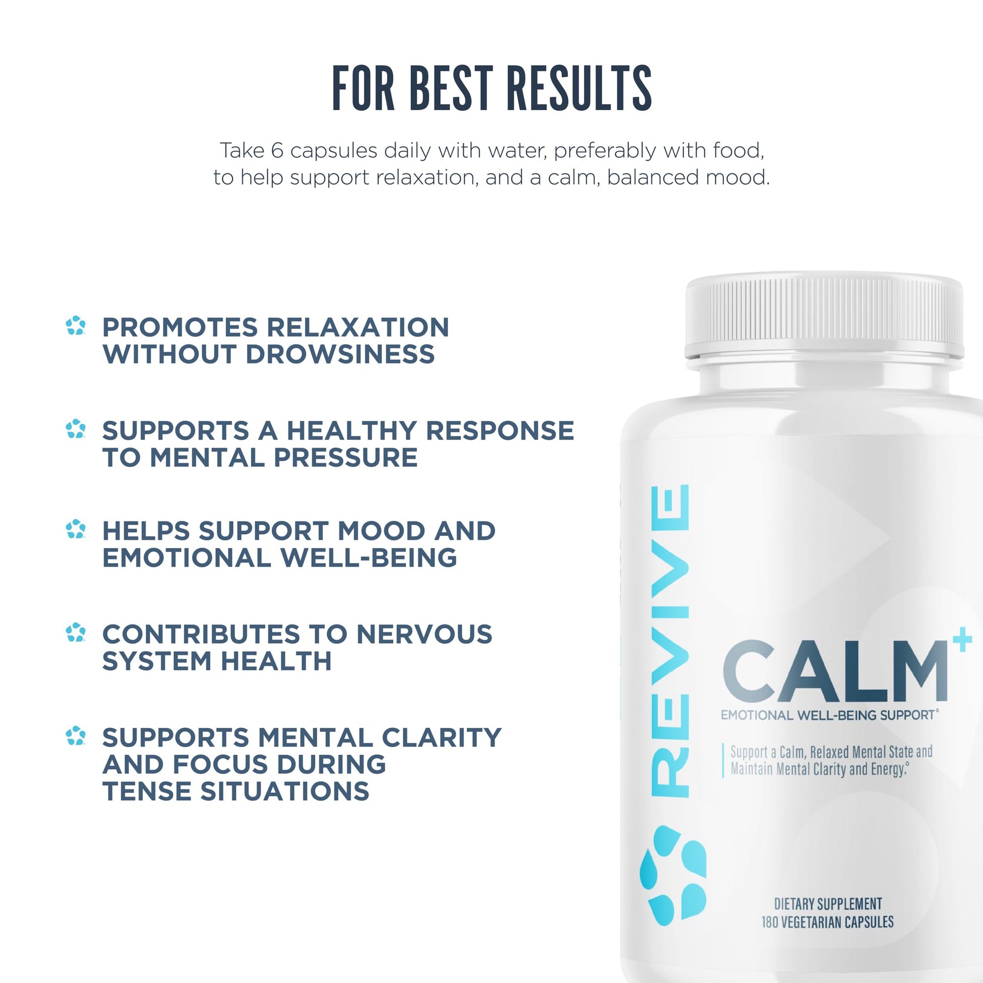 Revive MD Calm, Emotional Well-Being Support Supplement - Stress Management for Men & Women - Mood Enhancement Supplement Promotes Relaxation with L-Theanine, GABA & 5-HTP (180 Capsules, 30 Servings) ReviveAu supplements