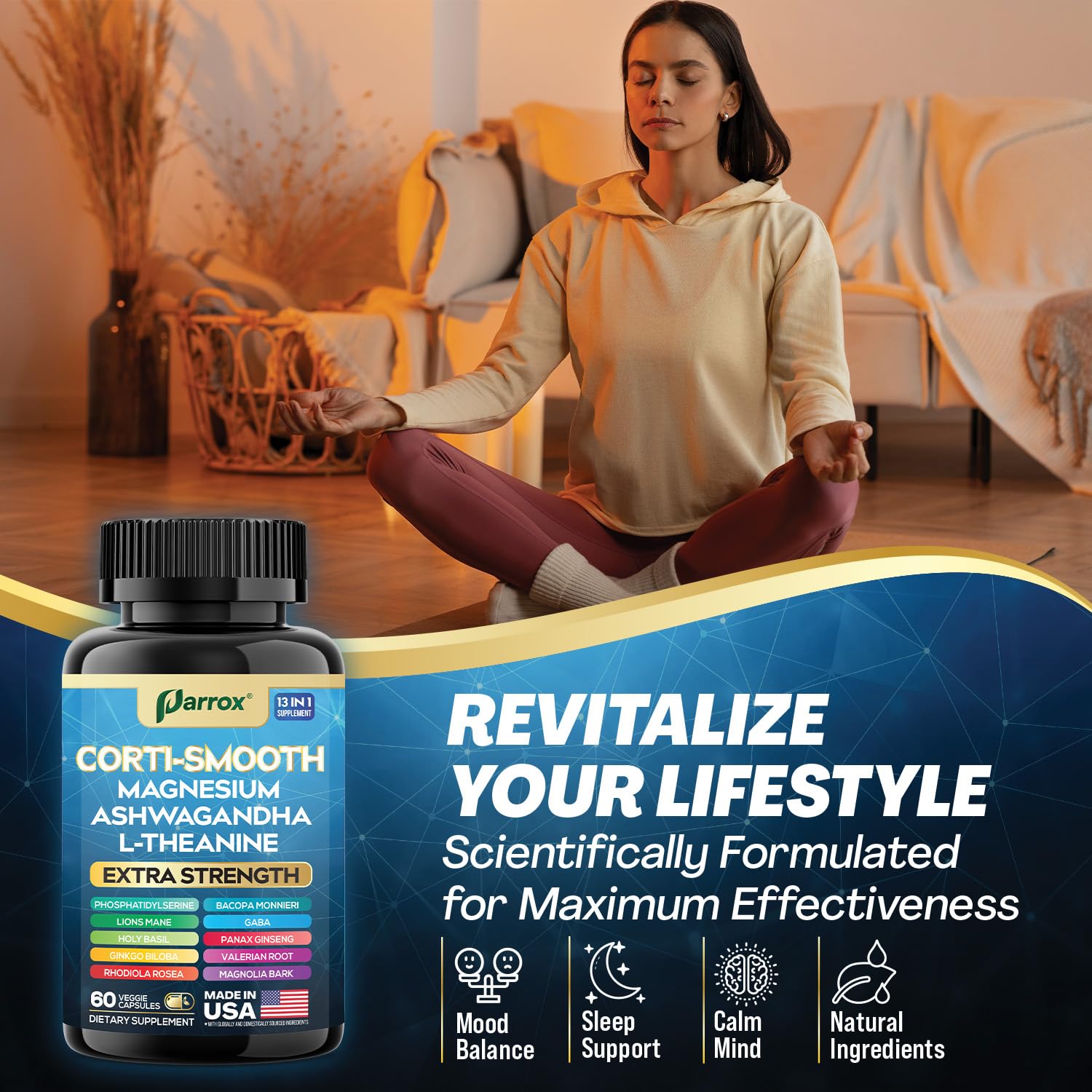 Parrox Corti-Smooth Cortisol Supplement Magnesium, L-Theanine, Ashwagandha, Phosphatidylserine, Valerian Root, Lions Mane, Bacopa Monnieri, Ginkgo Biloba, Panax Ginseng, Magnolia Bark, GABA (60 Caps) ParroxAu supplements