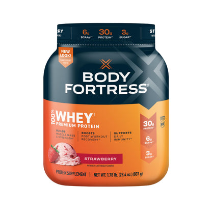Body Fortress 100% Whey, Premium Protein Powder, Strawberry, 1.78lbs Packaging May Body FortressUS supplements