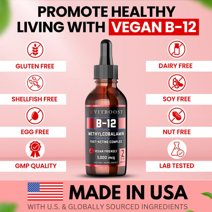 VITBOOST Vegan Liquid B-12 Drops – 60 x 5000 mcg Extra Strength Raspberry Flavored Vitamin B12 Liquid Methylcobalamin sublingual Supplement | Designed to Maximize Absorption VITBOOSTUS supplements