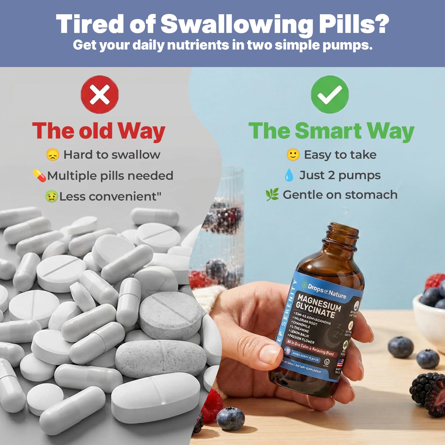 Magnesium Glycinate & Ashwagandha Liquid Drops with Valerian Root, Chamomile, Passion Flower, Lemon Balm & L-Theanine - Vegan Fast Absorption - Supplement for Wellness & Relaxation (Mixed Berry, 60mL) Drops Of NatureAu supplements