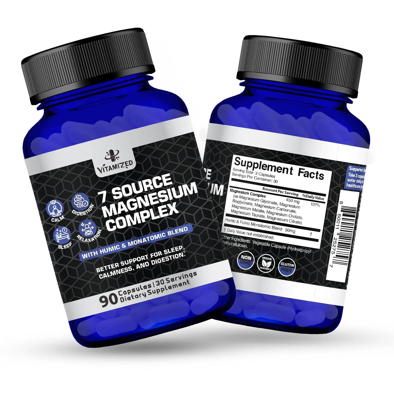 Magnesium Complex for Sleep, Relaxation, Digestion & Calm – Magnesium Glycinate, Citrate, Bisglycinate, Carbonate, Malate, Orotate, Taurate, + Humic/Fulvic for High Absorption - 90 ct. VITAMIZEDnz supplements