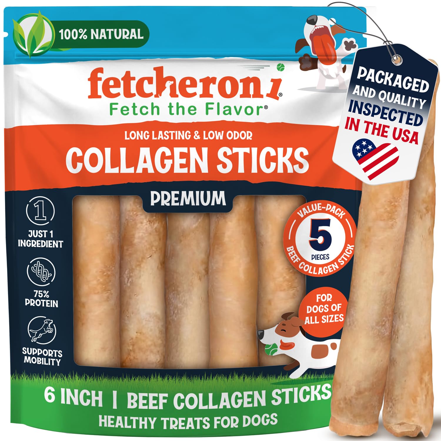 FETCHERONI 6" Collagen Sticks for Dogs – Low Odor Long-Lasting Bully Stick & Rawhide Alternative, Single Ingredient Beef Bone, High Protein Dental Treat, Vet Approved, Improves Joint Health – 5 Pack FETCHERONIAu supplements