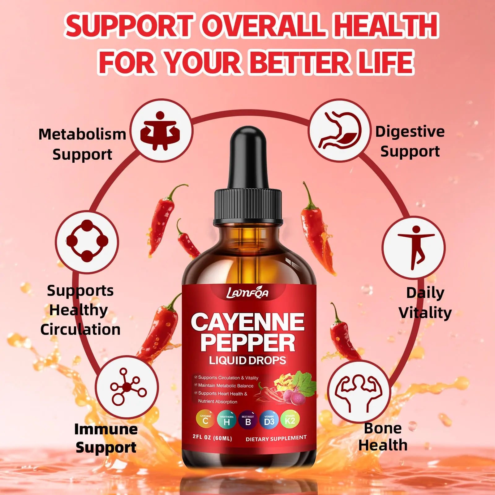 Cayenne Pepper Liquid Drops - Potent Blend with Hawthorn Berry, Turmeric Curcumin, Vitamin D3 K2, Beet Root & Panax Ginseng - Vegan, Non-GMO, High Absorbed Gentle Formula - 2 OZ LAMFQAnz supplements