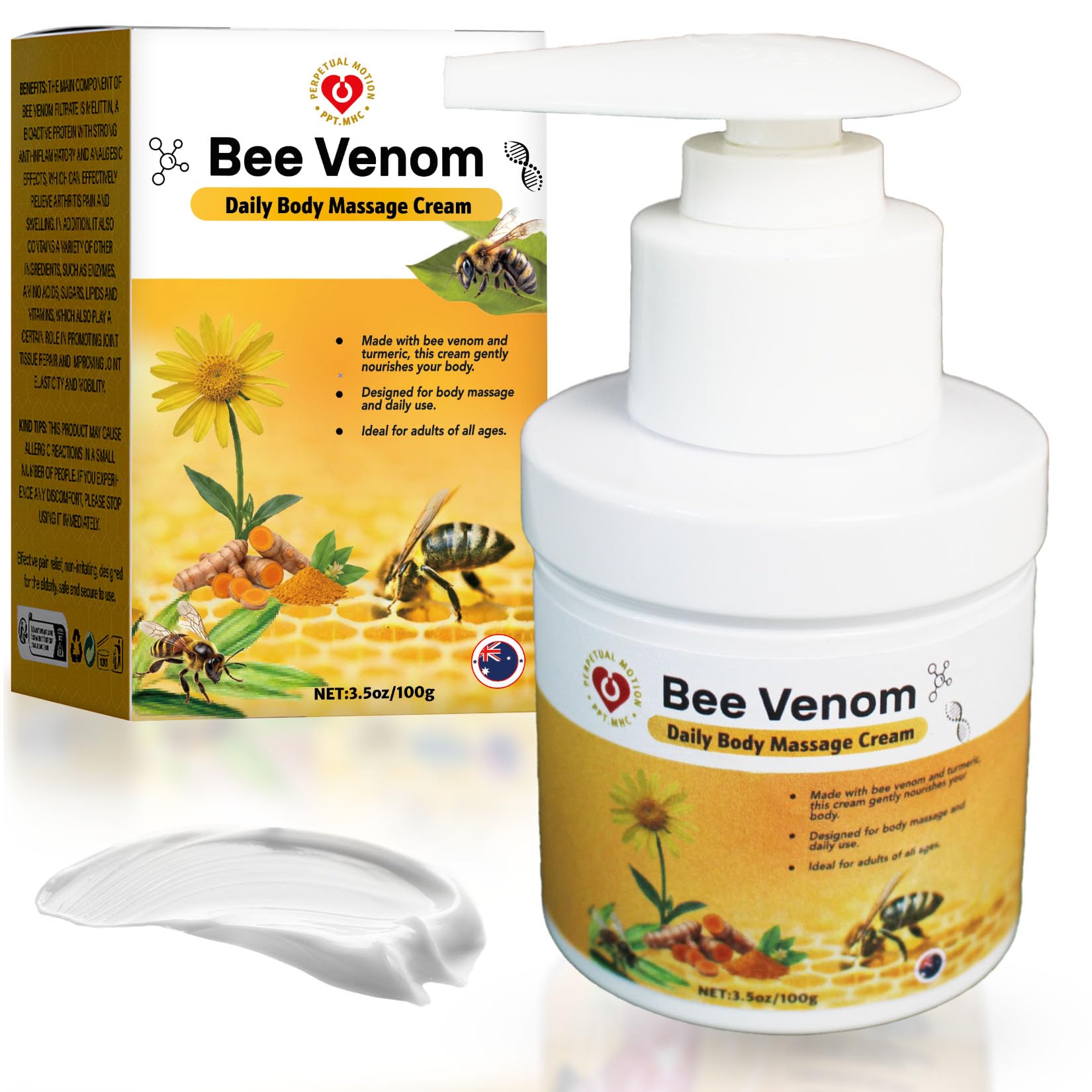 PPT.MHC Bee Venom Massage Cream with Pump - Soothing Muscle Rub with Turmeric, Arnica & MSM - Premium Bee Venom Lotion for Back, Legs & Feet - Everyday Non-Greasy 3.5oz Cream PPT.MHCAu supplements