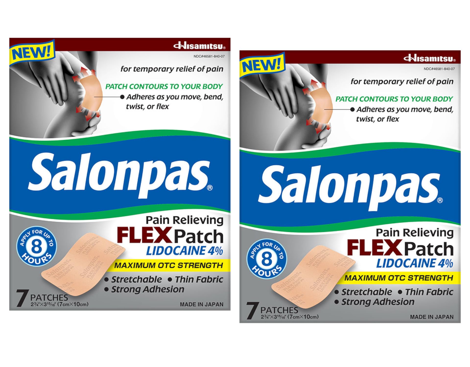 Salonpas Temporary Pain Relieving Flex Patch with Lidocaine 4%, Maximum OTC Strength, Stretchable Thin Fabric, Strong Adhesion, Contours to Body, Apply for Up to 8 Hours 7 ct (Pack of 2) SalonpasAu supplements