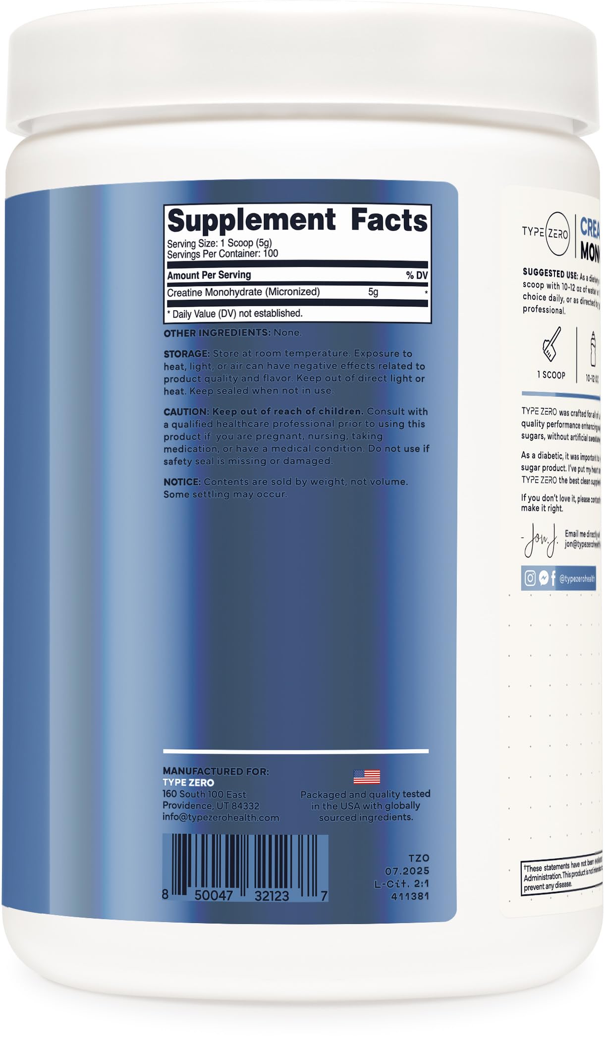 Type Zero Creatine Monohydrate Powder (Unflavored | 500g), 5000 mg Per Serving, Micronized, Zero Sugar, Keto Friendly & Gluten Free, 100 Servings Type ZeroUS supplements