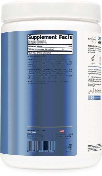 Type Zero Creatine Monohydrate Powder (Unflavored | 500g), 5000 mg Per Serving, Micronized, Zero Sugar, Keto Friendly & Gluten Free, 100 Servings Type ZeroUS supplements
