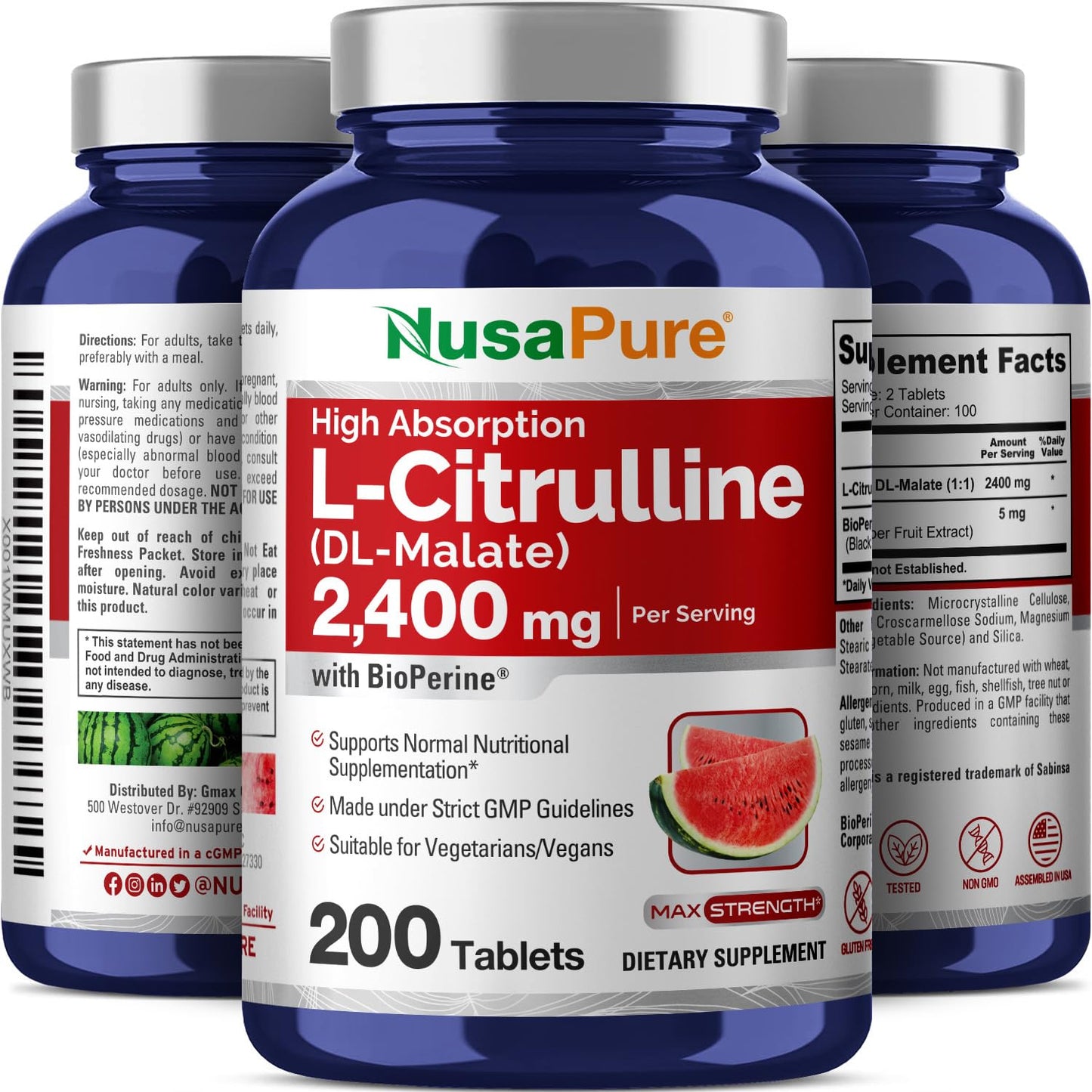 NusaPure L-Citrulline 2,400mg 200 Vegetarian Tablets (Non-GMO, Gluten Free) NusaPureUS supplements