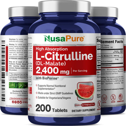 NusaPure L-Citrulline 2,400mg 200 Vegetarian Tablets (Non-GMO, Gluten Free) NusaPureUS supplements