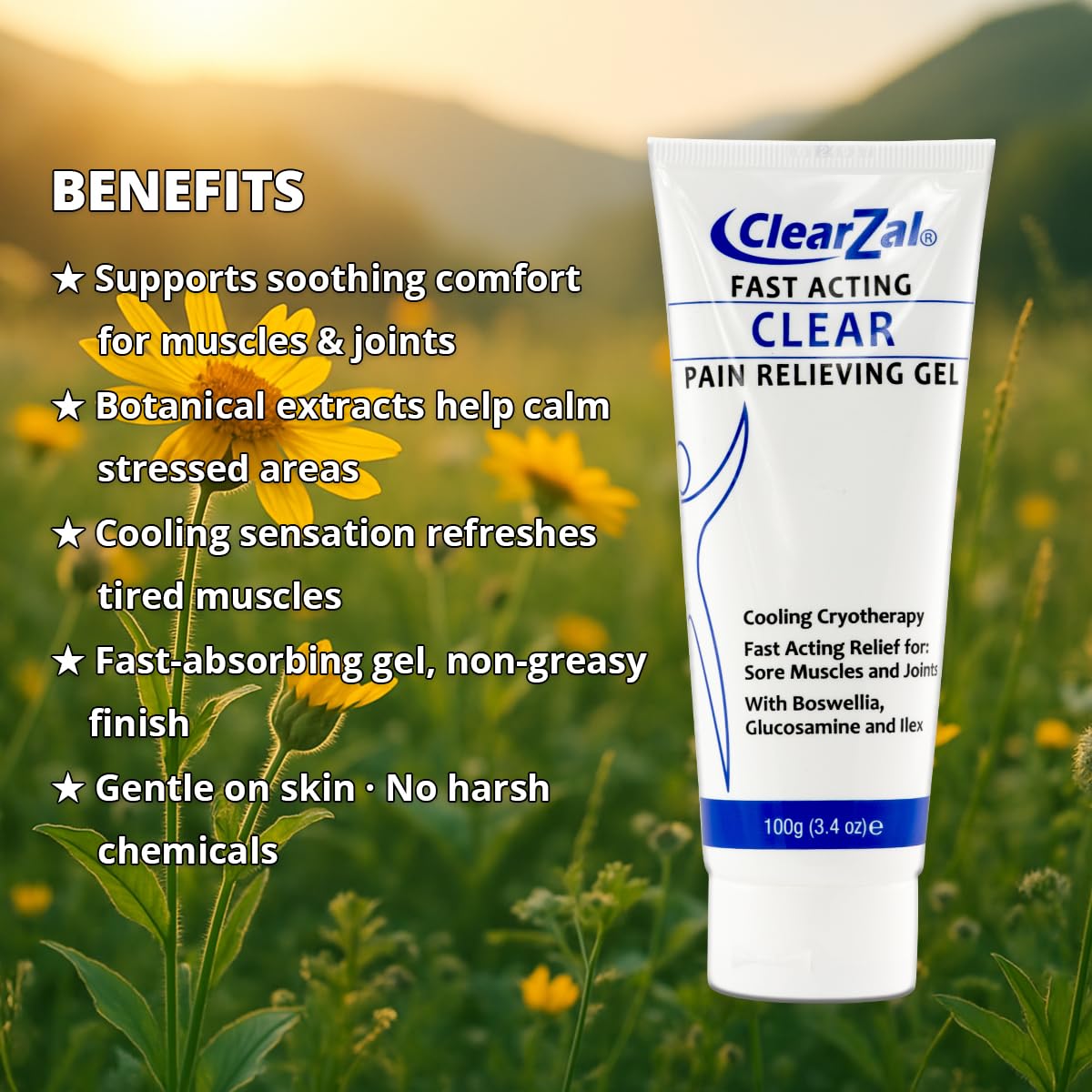 ClearZal Fast Acting Clear Pain Relieving Gel with Cooling Cryotherapy, Boswellia and Glucosamine for Sore Muscles and Joints, Soothing Cooling Gel 3.4 oz ClearzalAu supplements