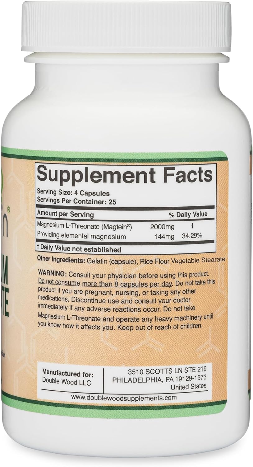 Magnesium L Threonate, Magtein, Sleep and Cognitive Support – High Absorption – Most Bioavailable Form of Magnesium – 2,000 mg – 120 Capsules Double Wood SupplementsAu supplements