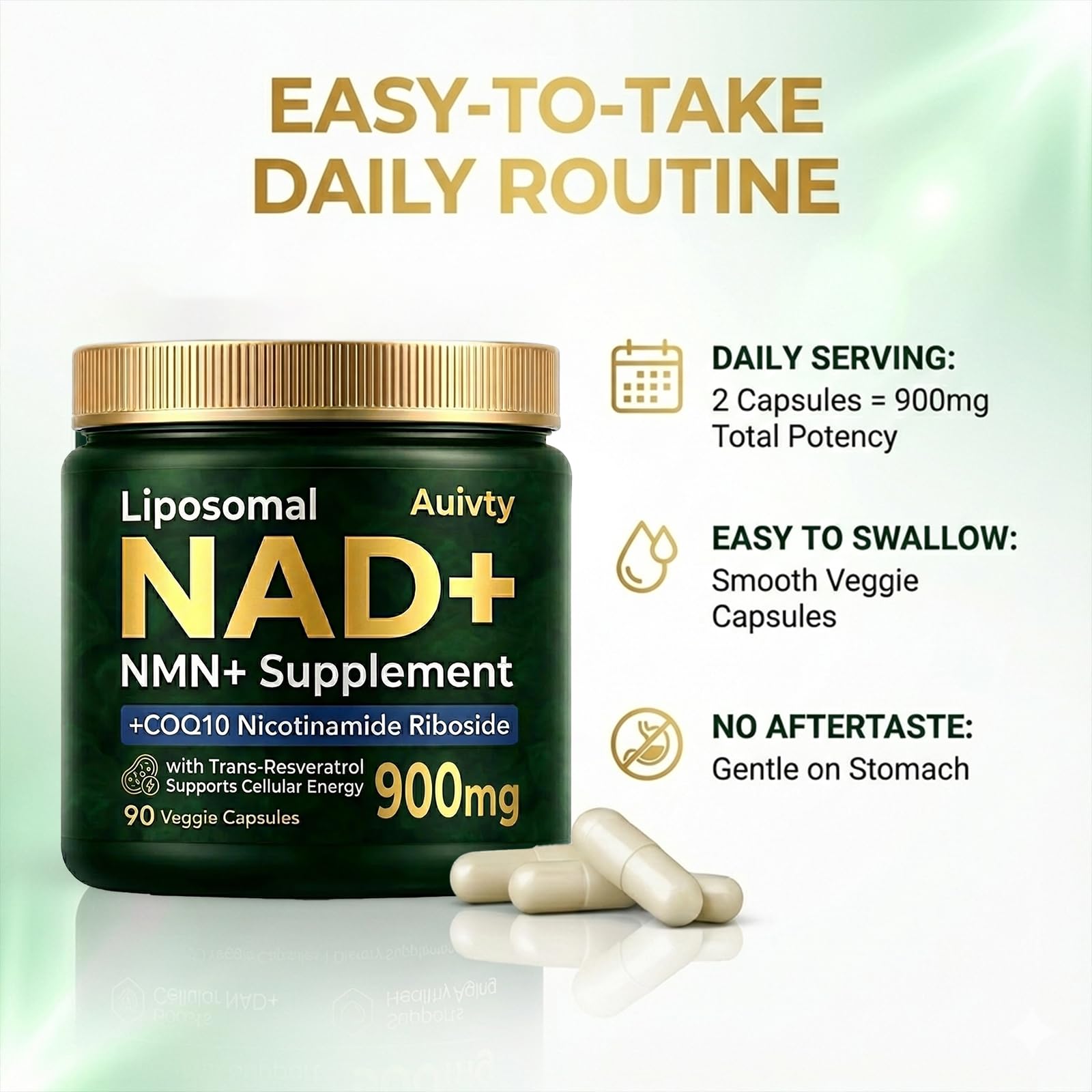 Auivty Liposomal NAD+ NMN Supplement with COQ10, Nicotinamide Riboside, Trans-Resveratrol, 900mg, 90 Veggie Capsules AuivtyAu supplements