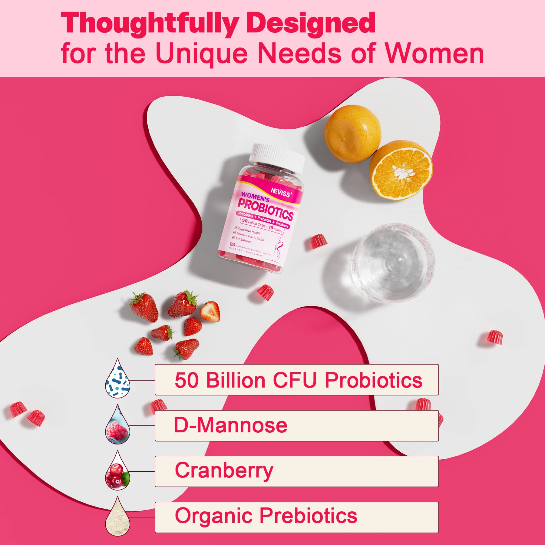 Probiotics for Women Gummies, Sugar Free Vaginal Probiotics 50 Billion CFU 10 Strains w/ Cranberry NEVISSAu supplements