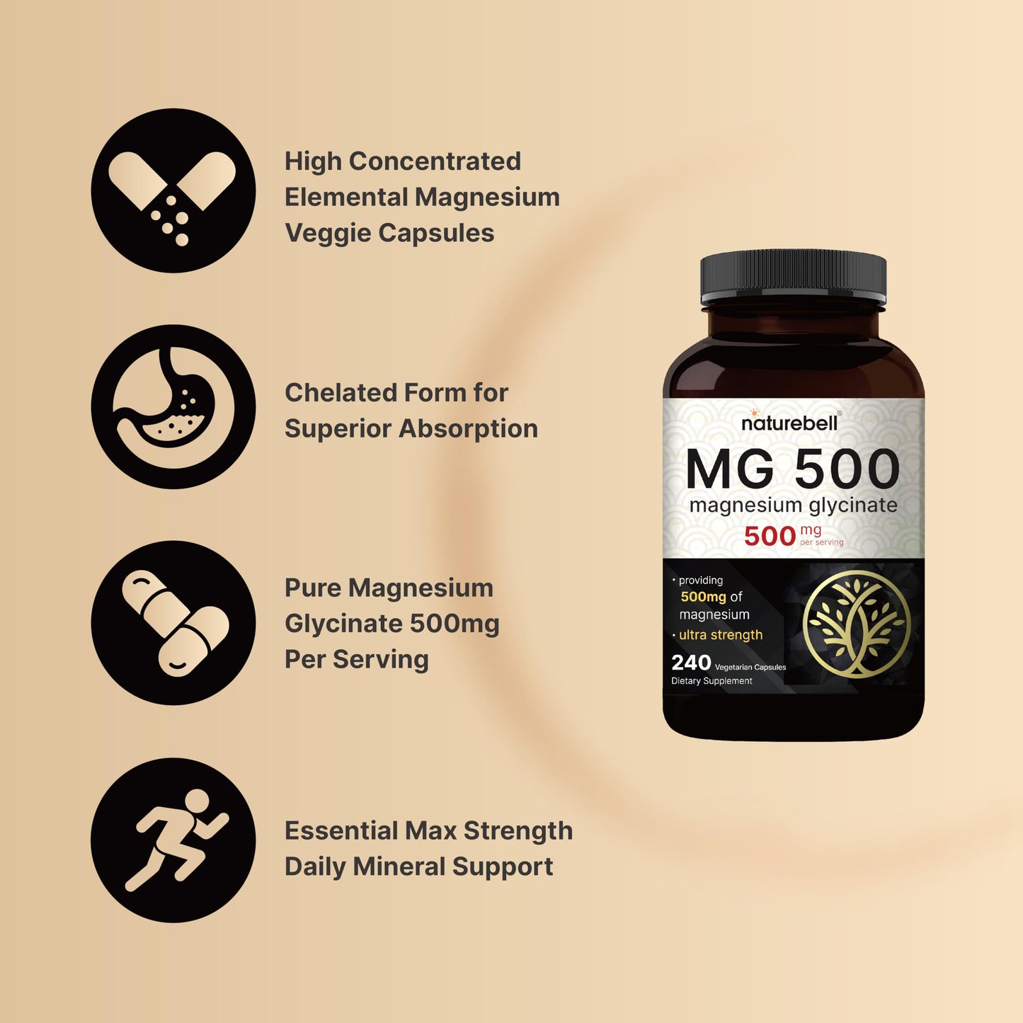 Magnesium Glycinate 500mg Per Serving | 240 Veggie Capsule, 100% Chelated NatureBellUS supplements