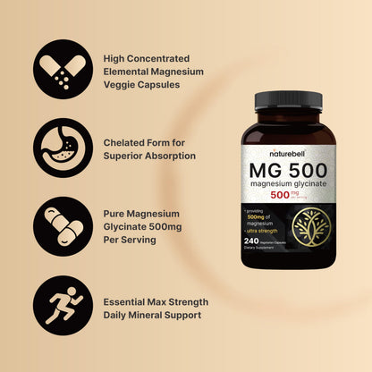 NatureBell Magnesium Glycinate 500mg Per Serving | 240 Veggie Capsule, 100% Chelated NatureBellUS supplements
