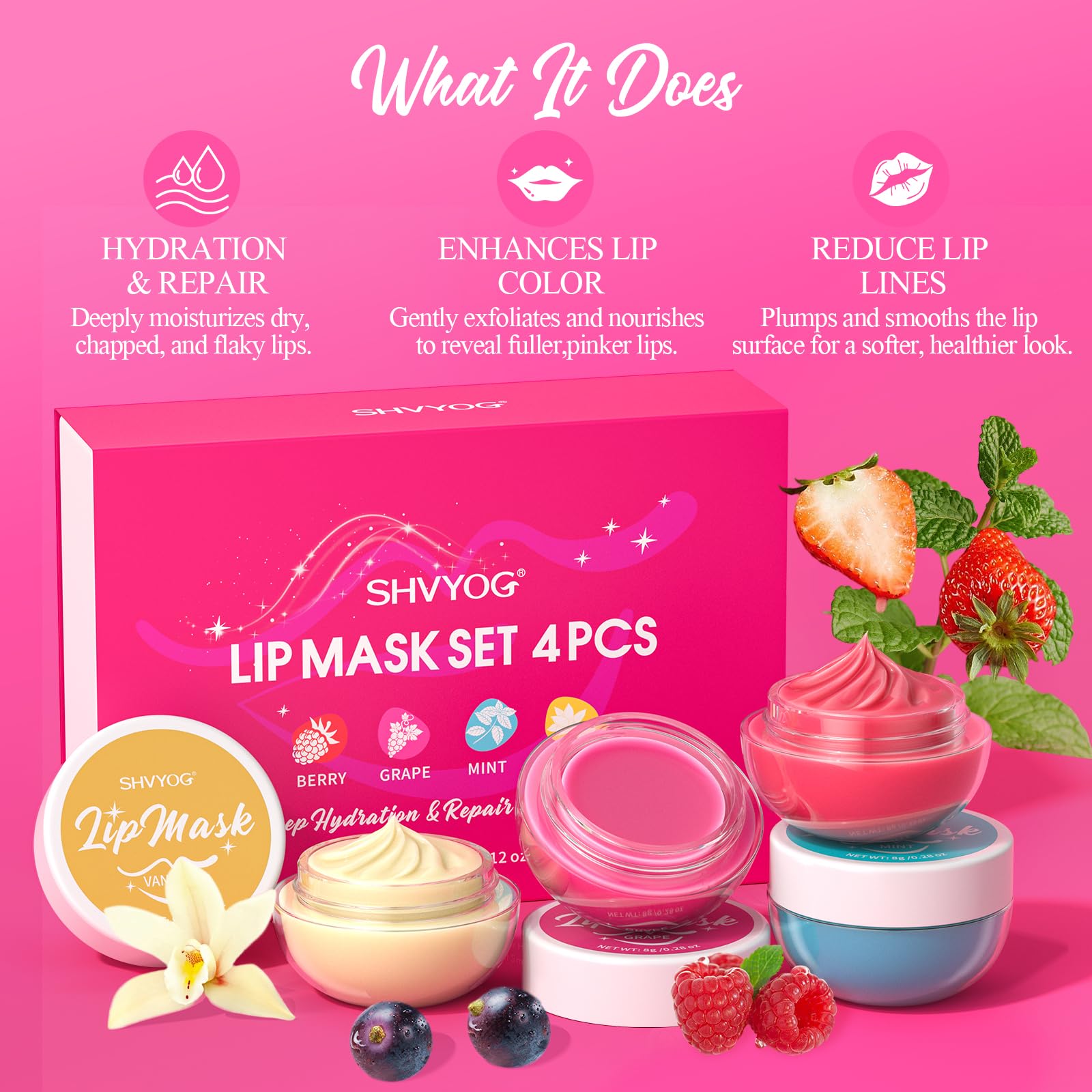 4 Pack Lip Mask Set, Hydrating Lip Mask Overnight - Berry, Grape, Mint, Vanilla Flavors, Lip Sleeping Mask Nourish Lip Balm with Vitamin C & Shea Butter | Dry Lips Care Gift SHVYOGAu supplements