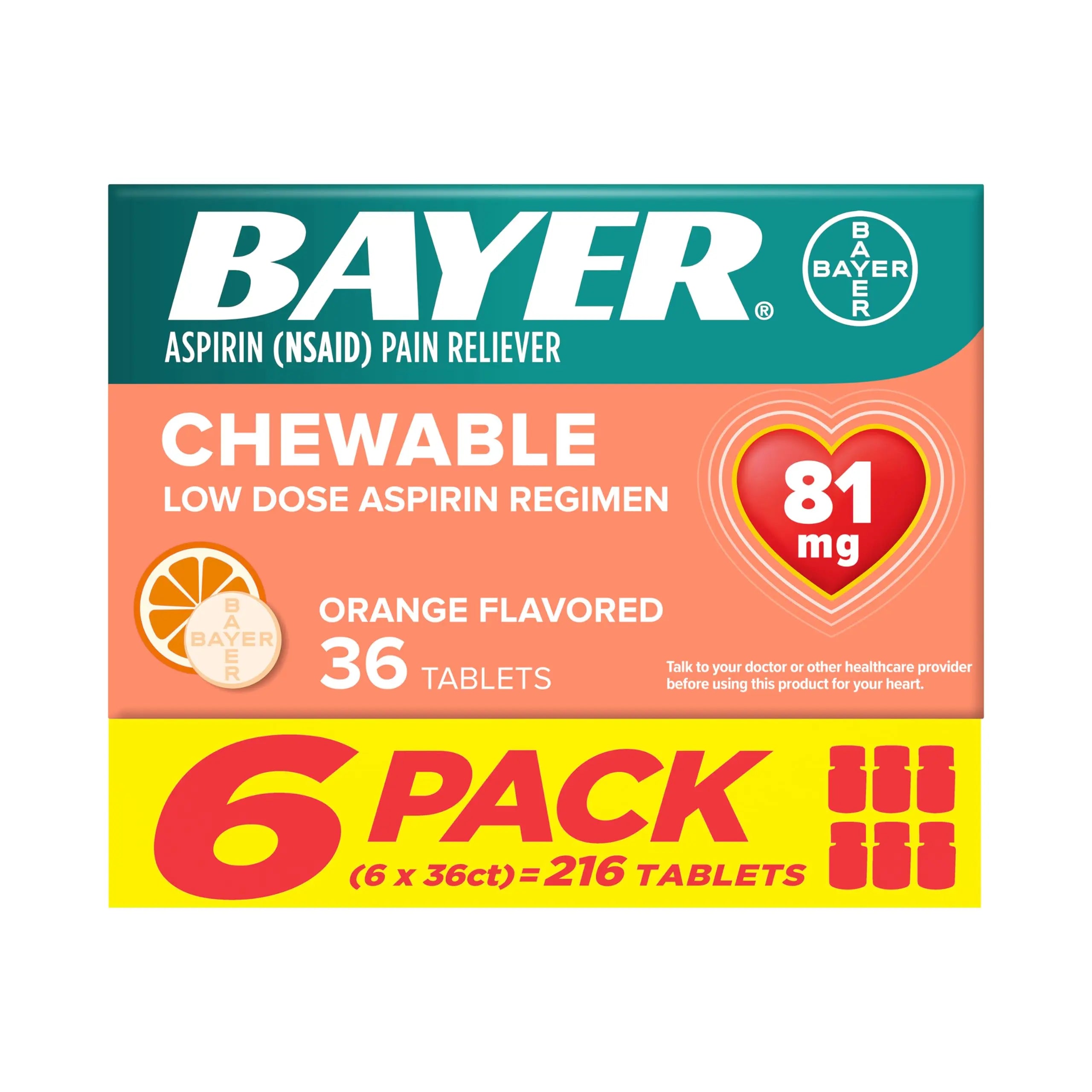 Bayer Aspirin Low Dose 81 mg Chewable Tablets, Pain Reliever, Orange Flavored, 216 Tablets (6 Pack) BayerAu supplements