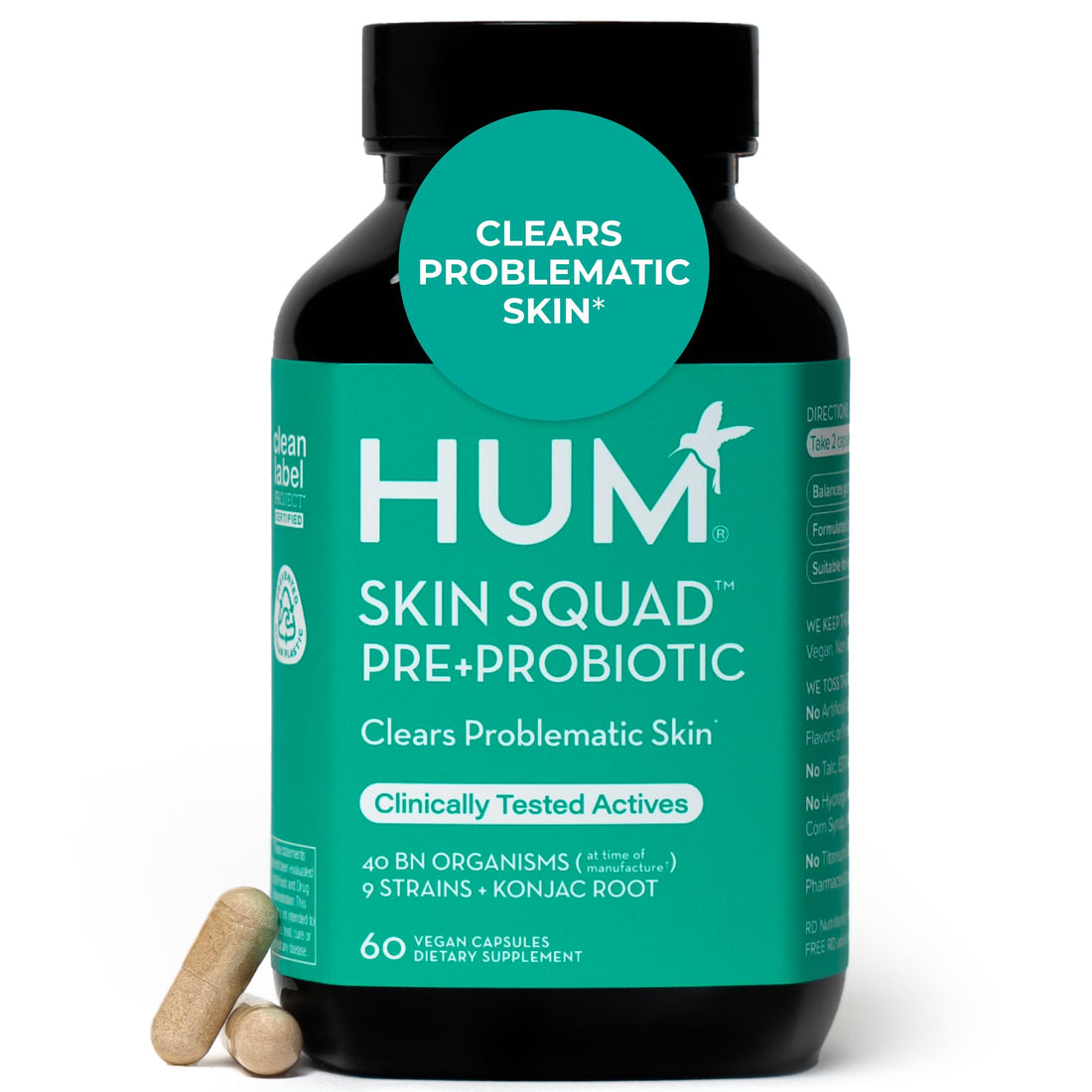 HUM Skin Squad Probiotics for Women and Men, Skin Care Supplement for Clear Complexion & Gut Health Support, Microbiome Prebiotic & Probiotic Supplement for Breakouts, Digestive Health, 60 Capsules HUMUS supplements