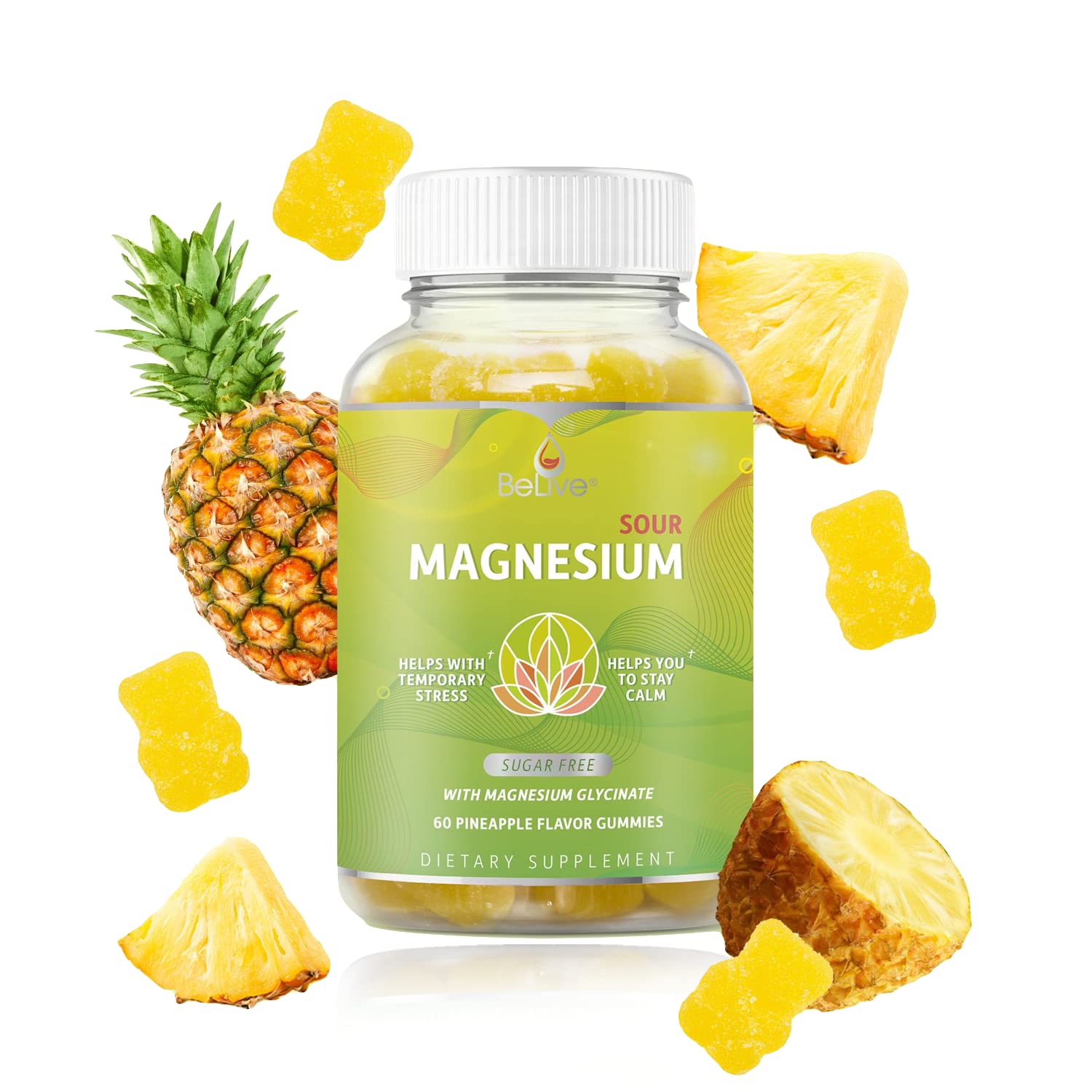 BeLive Magnesium Gummies 200mg - 60 Ct | Magnesium Glycinate Supplements for Relaxation, Stress Relief, and Sleep for Adults & Kids - Tasty and Tangy Pineapple Flavor BeLiveAu supplements