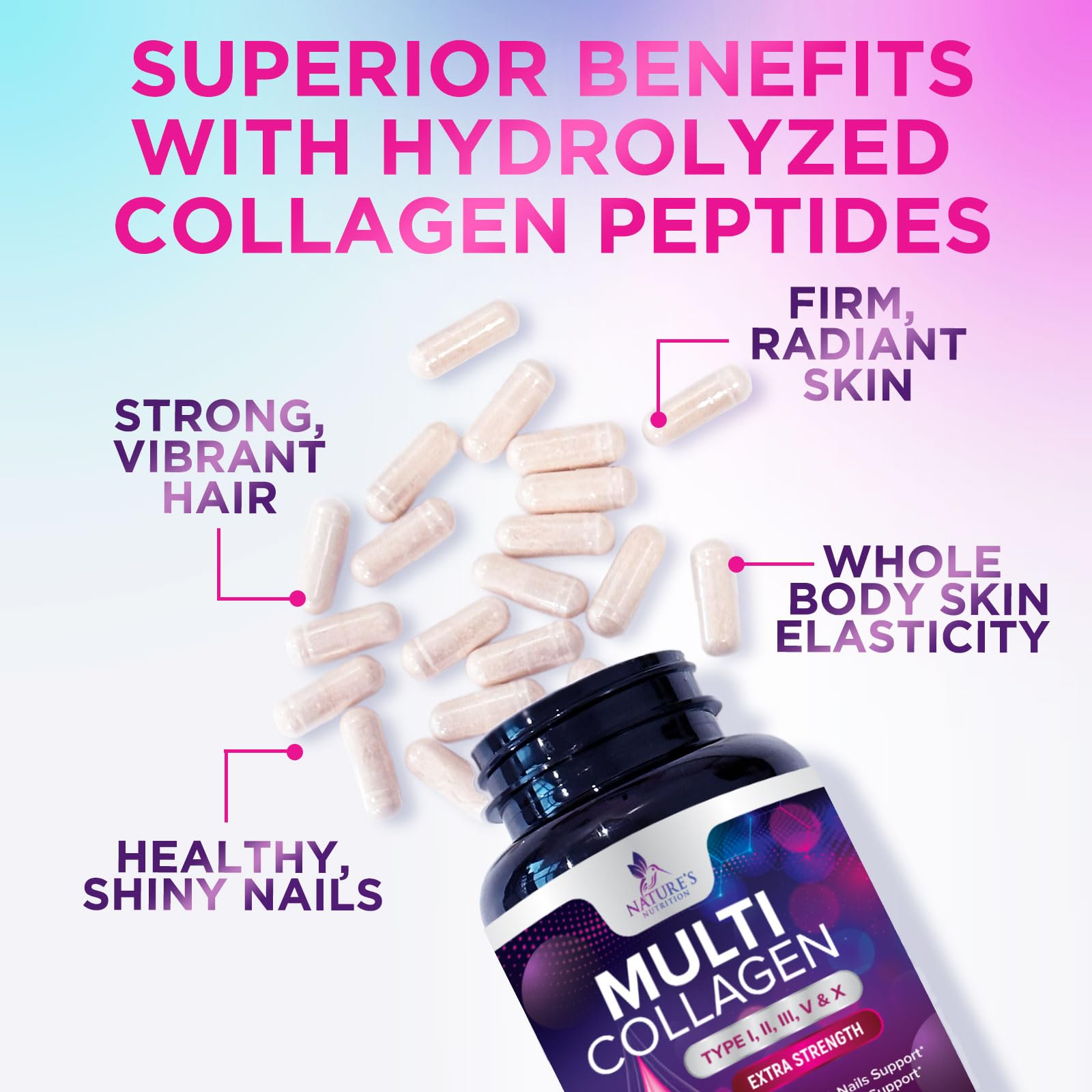 Multi Collagen Pills 2400 mg - Advanced Types I, II, III, V, X - Hydrolyzed Multi Collagen Peptides Pills, Collagen Supplements for Women & Men - Hair, Skin, & Nail Support Supplement - 120 Capsules Nature's NutritionAu supplements