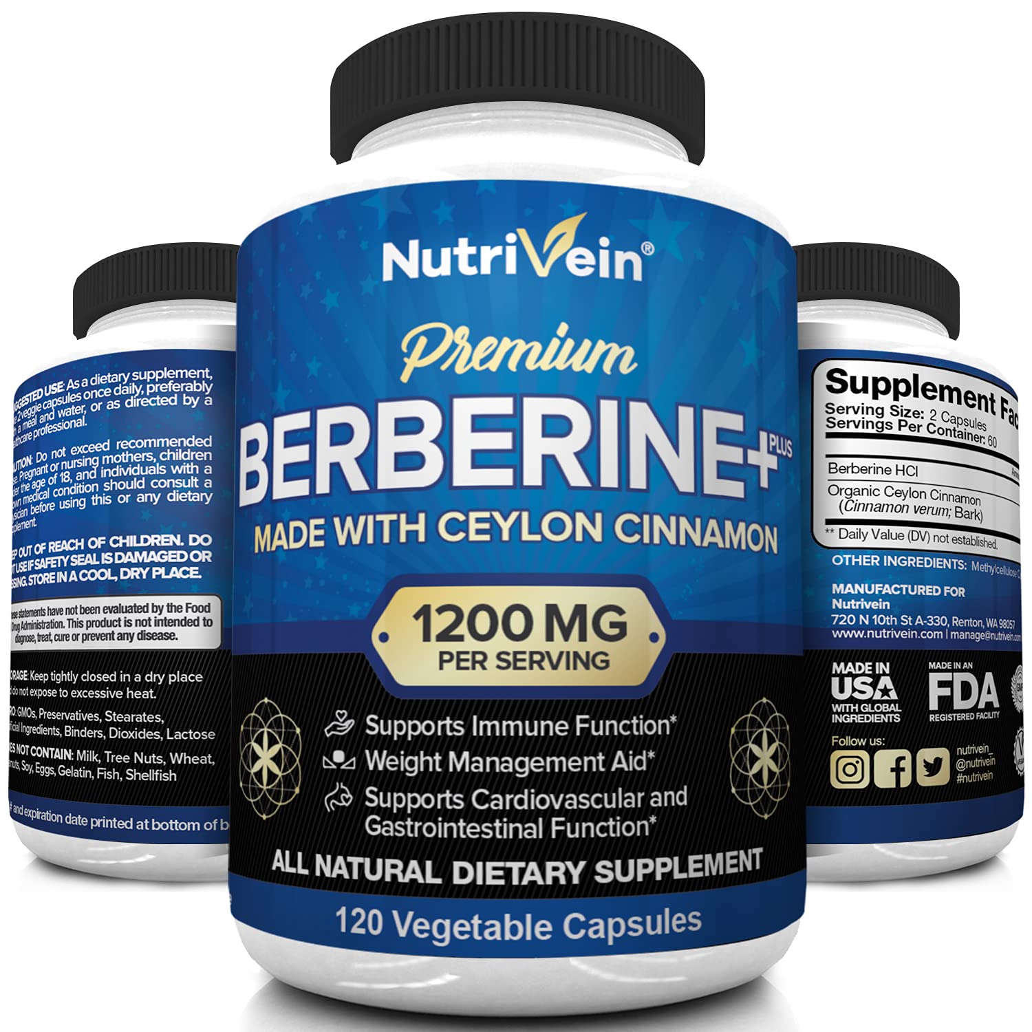 Nutrivein Premium Berberine HCL 1200mg Plus Organic Ceylon Cinnamon - 120 Capsules NutriveinAu supplements