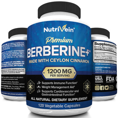 Nutrivein Premium Berberine HCL 1200mg Plus Organic Ceylon Cinnamon - 120 Capsules NutriveinUS supplements