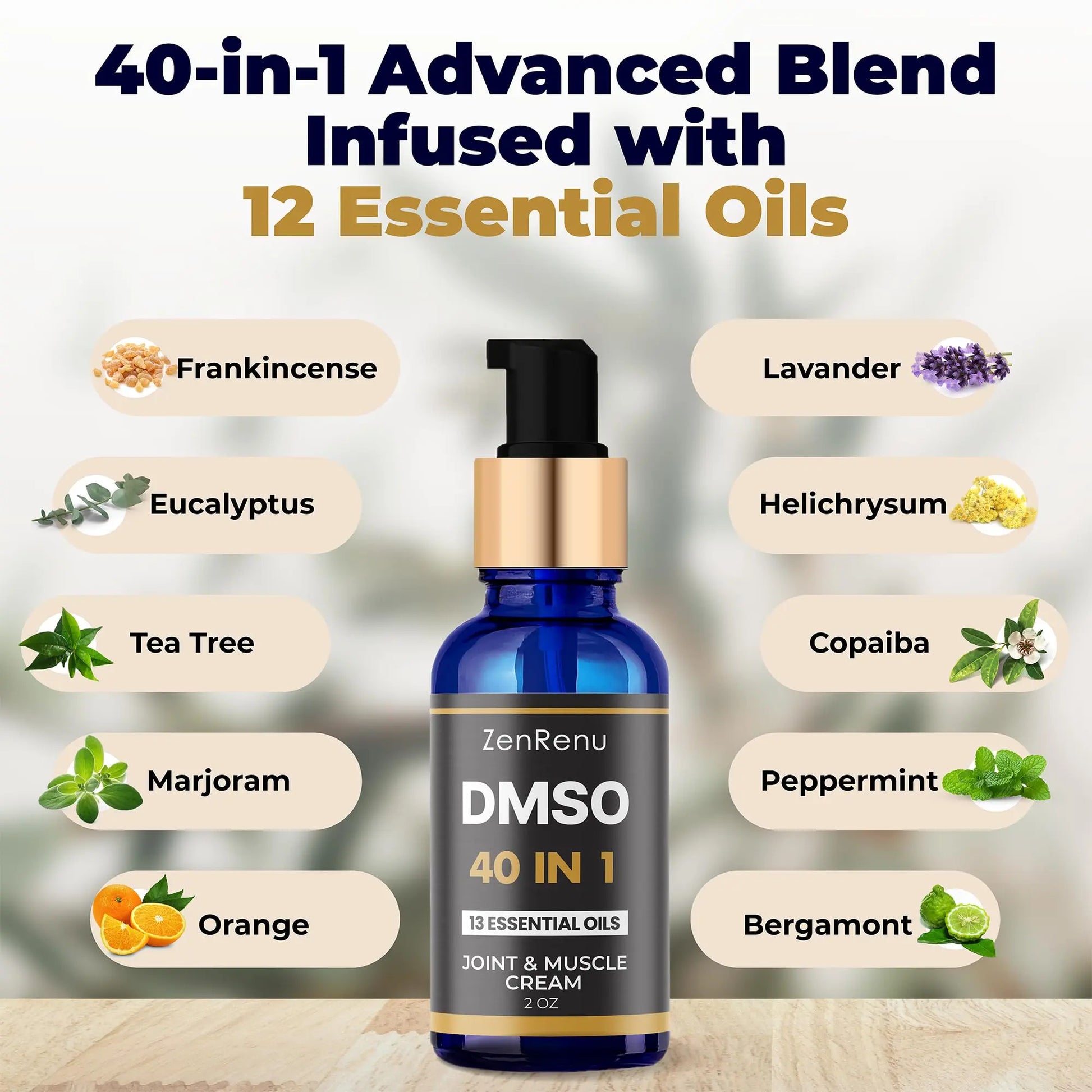 Zenrenu DMSO Cream 99.995% Pure Pharmaceutical Grade - 40-in-1 Advanced Formula -12 Essential Oils, Arnica, Aloe Vera, MSM - Fast-Absorbing Cream – 2 oz Glass Pump Bottle – Made in USA ZenrenuAu supplements