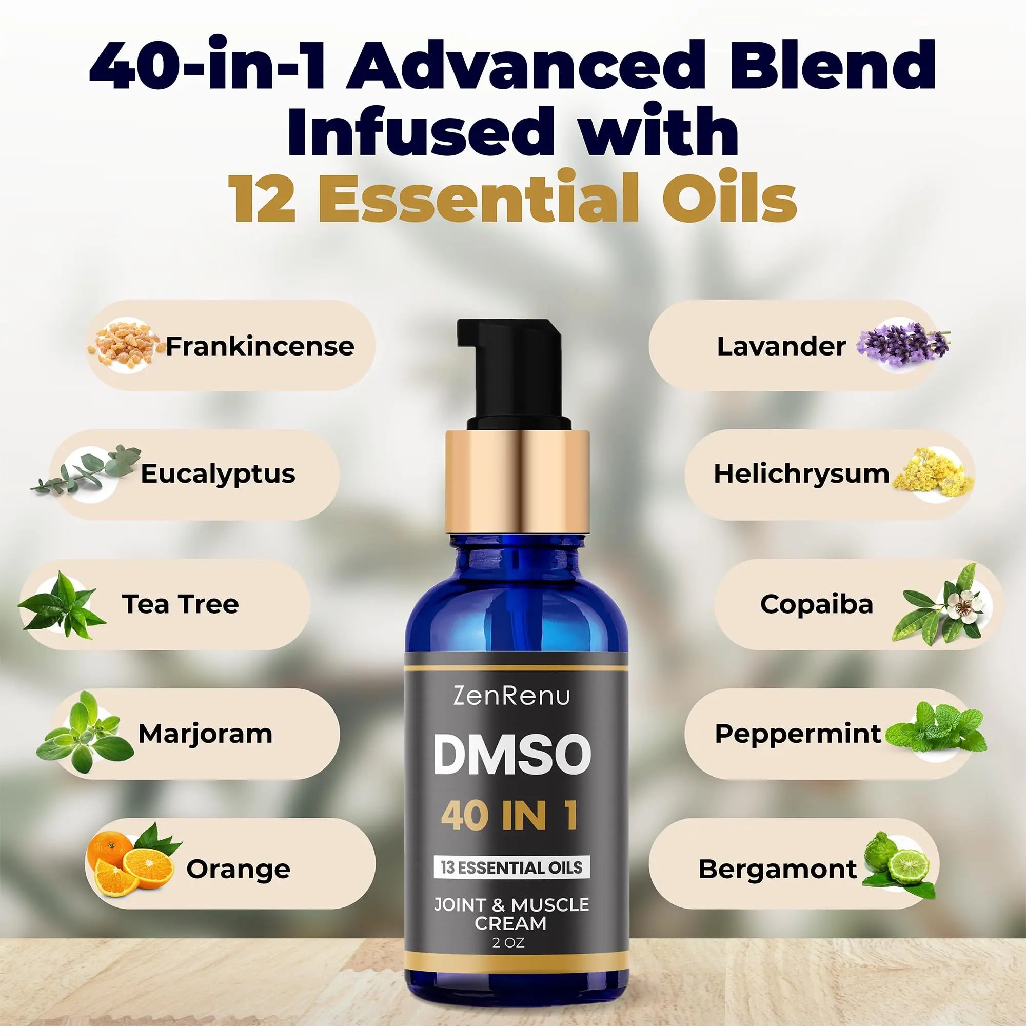 Zenrenu DMSO Cream 99.995% Pure Pharmaceutical Grade - 40-in-1 Advanced Formula -12 Essential Oils, Arnica, Aloe Vera, MSM - Fast-Absorbing Cream – 2 oz Glass Pump Bottle – Made in USA ZenrenuAu supplements