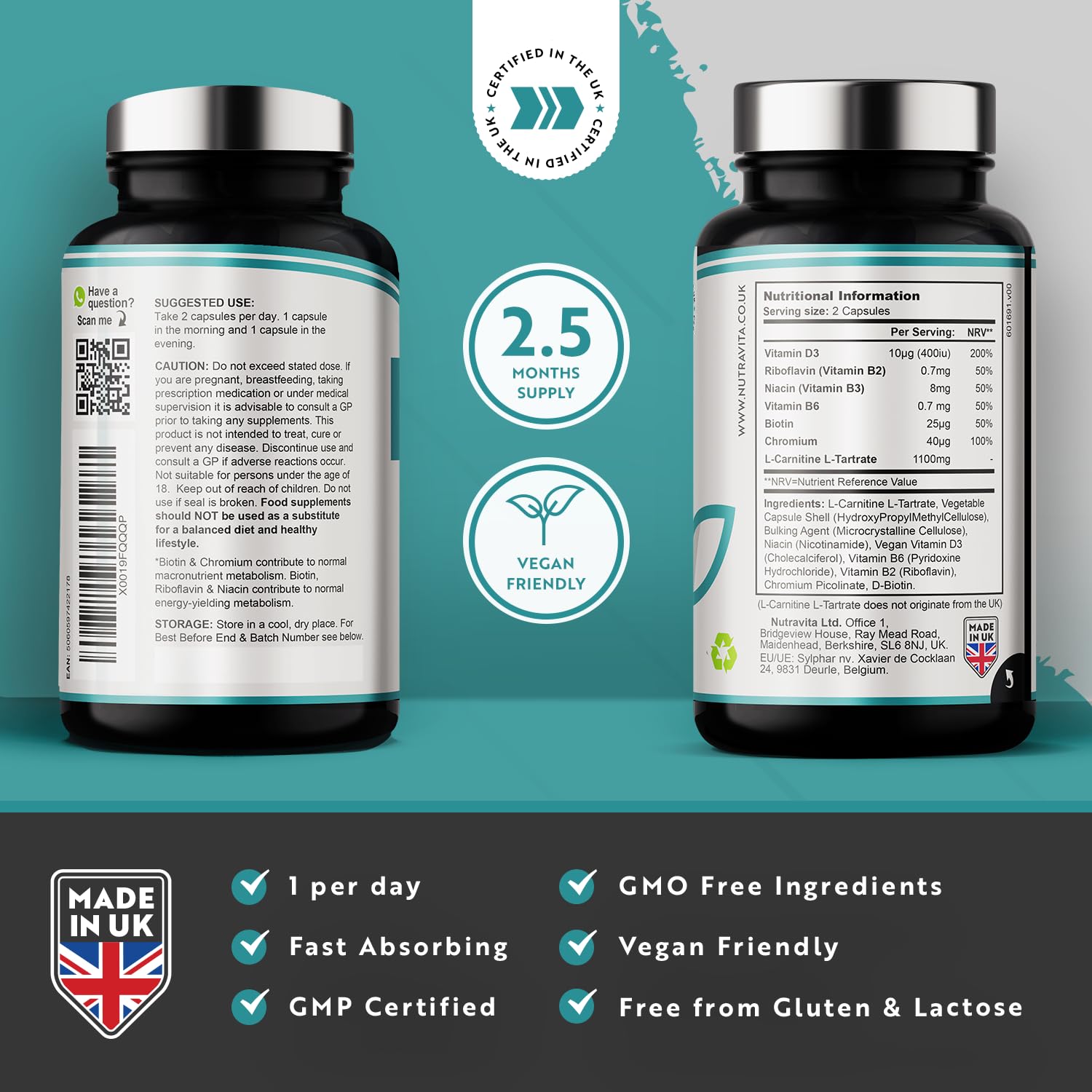 L-Carnitine Complex - High Strength Capsules with Added Riboflavin, Biotin, Chromium NutravitaUS supplements