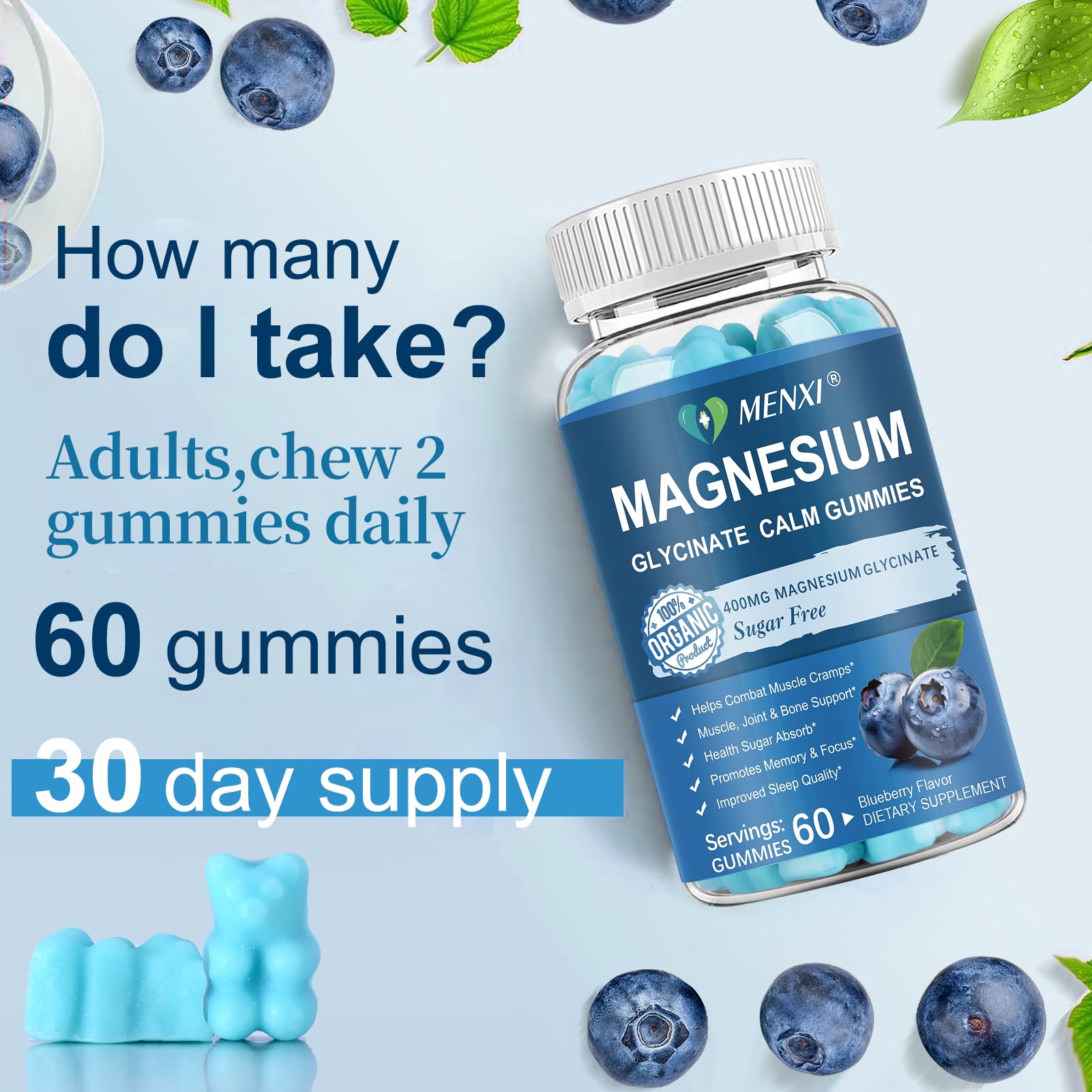 Magnesium Gummies 600mg per Serving-Magnesium Glycinate 400mg and Magnesium Malate 200mg,Sugar Free Magnesium Potassium Supplement for Calm Mood, Muscle, Bone & Sleep Support,60 Blueberry Gummies MENXIAu supplements