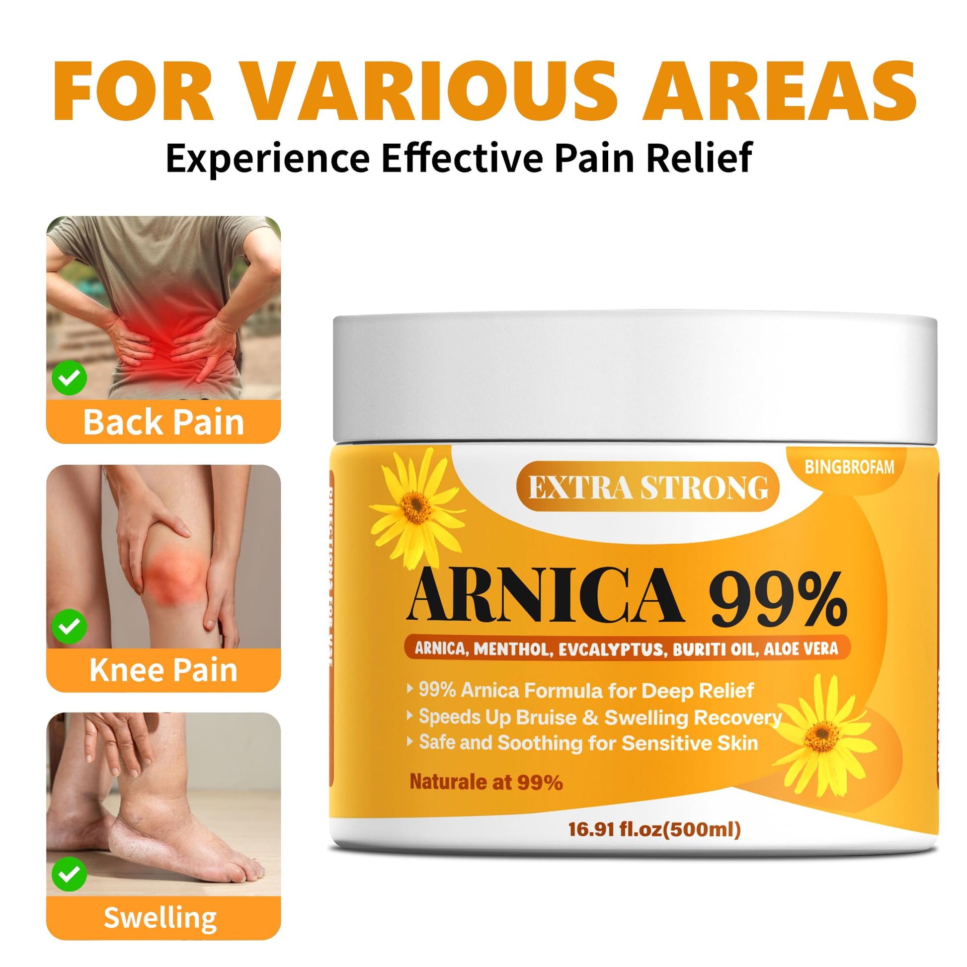 Bingbrofam Arnica Cream 99% Extra Strength Gel Pain Relief for Fast Healing Thin Skin, Seniors Bruises with Menthol, Swelling, Soothing Massage, 16.9 Oz BingbrofamAu supplements