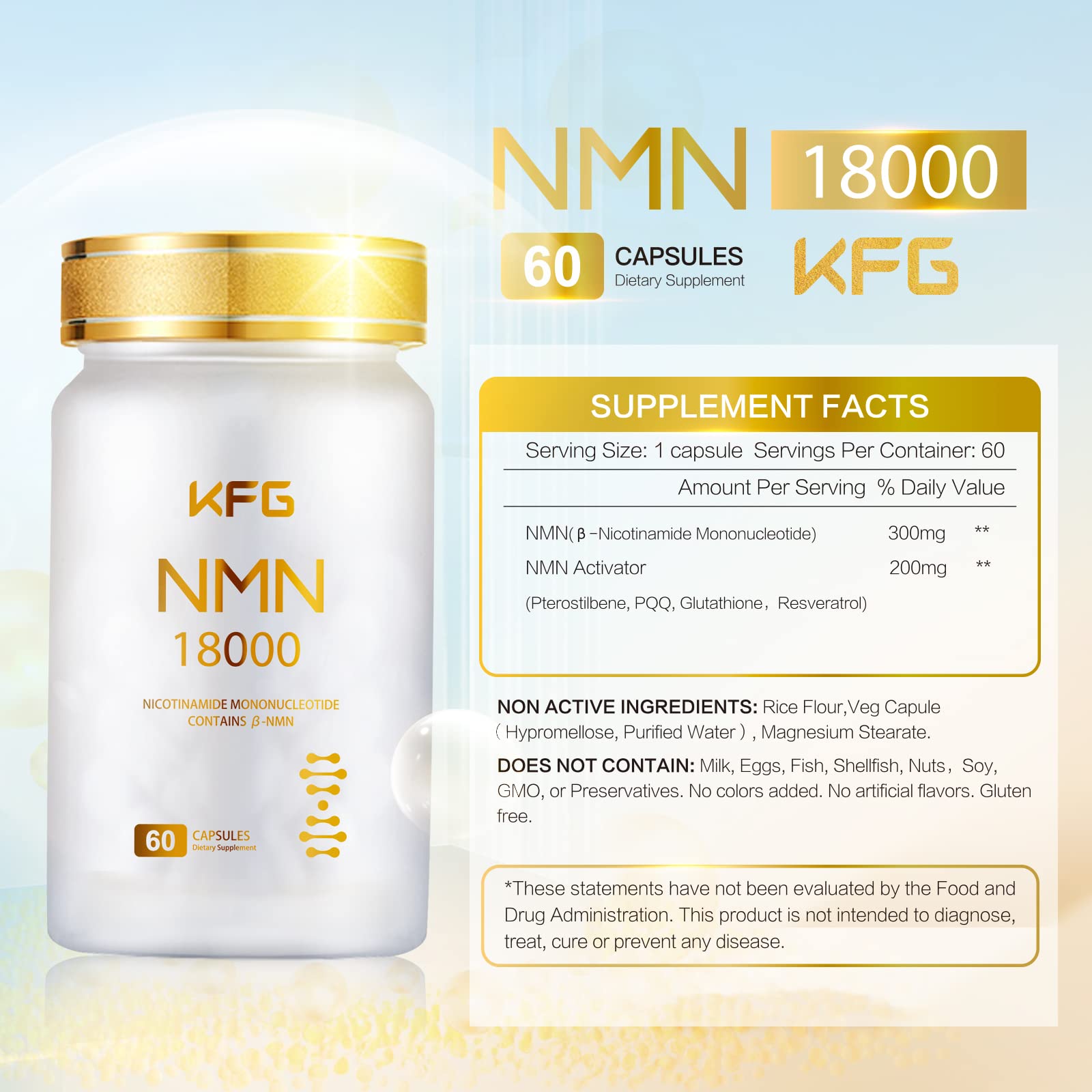 KFG NMN 18000 - NMN Nicotinamide Mononucleotide Supplement with Resveratrol, Stabilized Form & 99% High Purity to Boost NAD+ Levels for DNA Repair Supplement,for Healthy Aging,60 Capsules KFGAu supplements